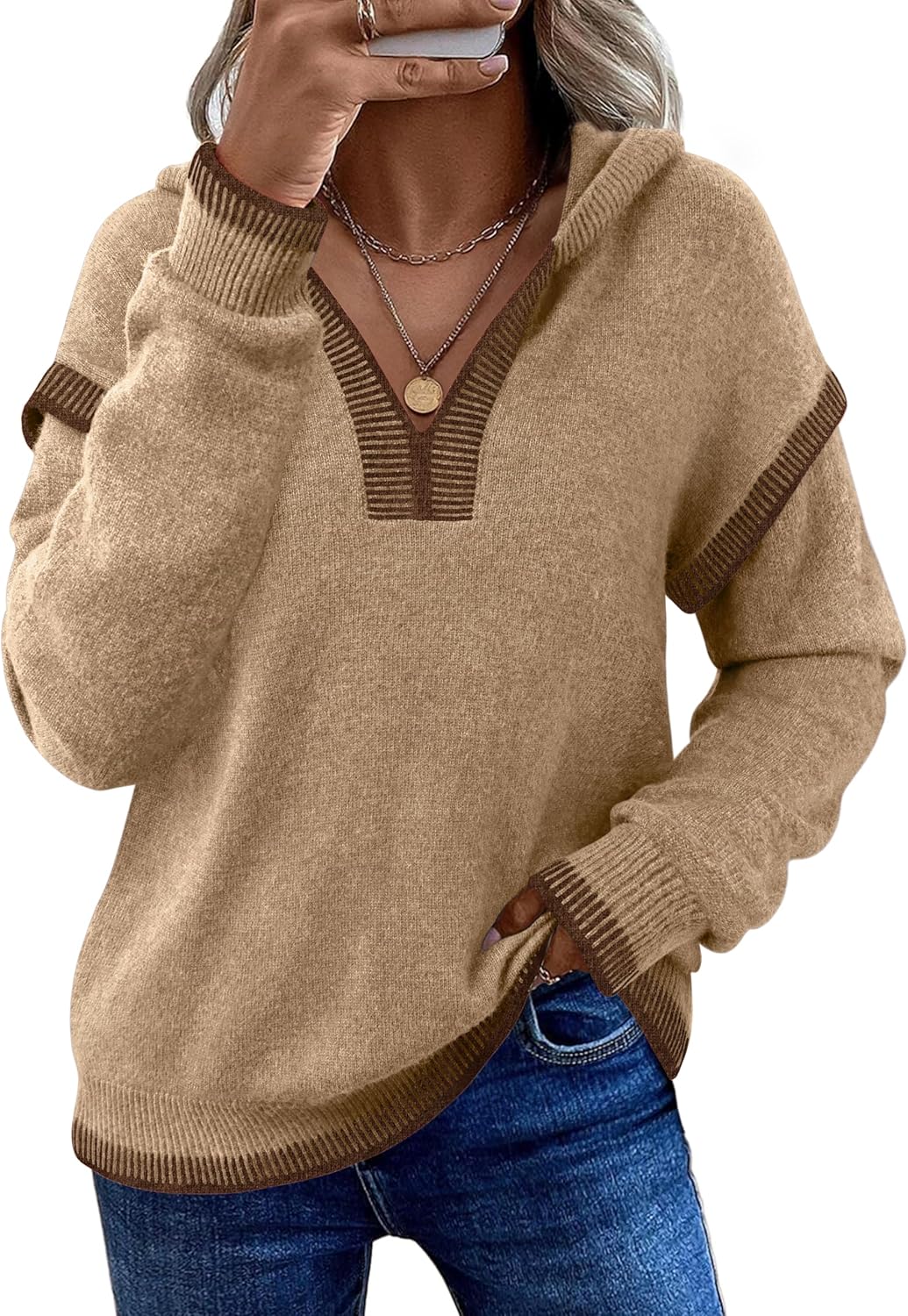 VALOLIA Sweaters for Women Fall Long Sleeve V Neck Casual Pullover 2025 Winter Trendy Knit Hoodies - Image 2