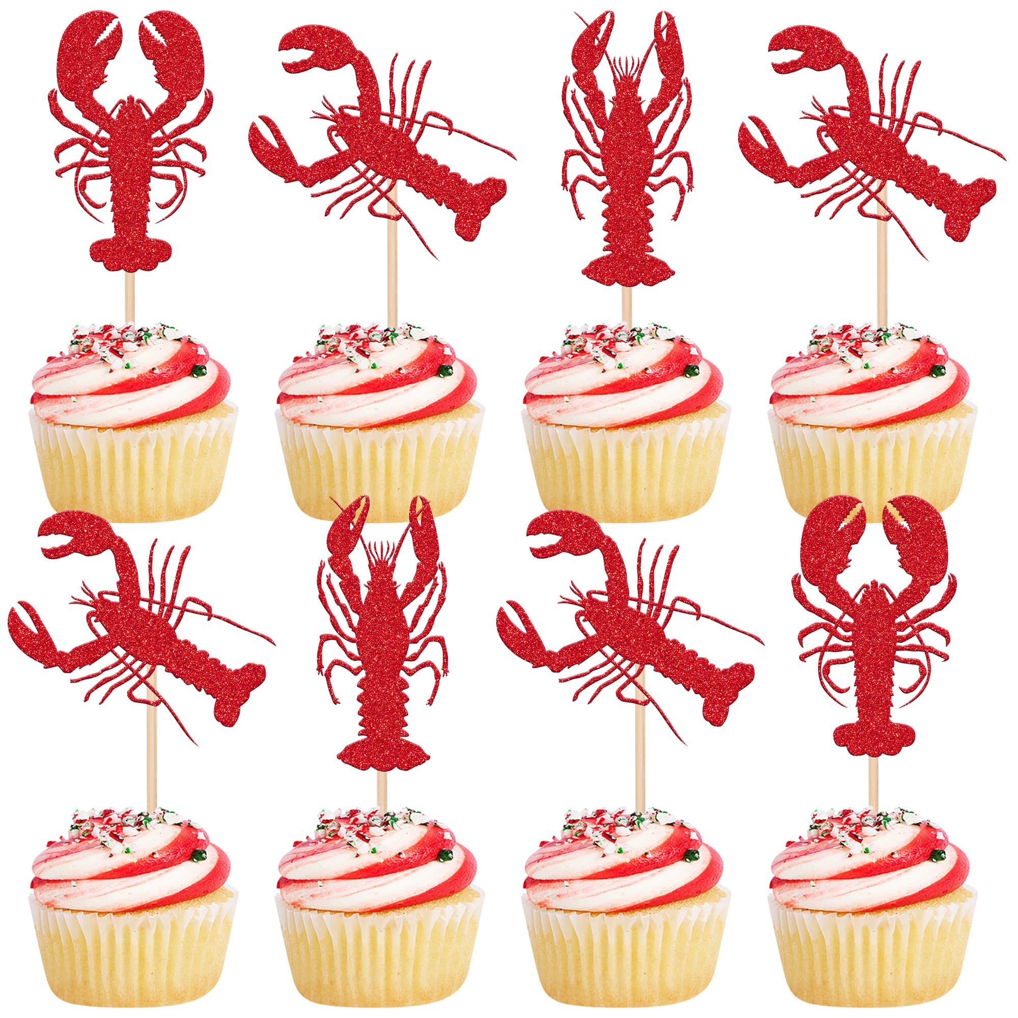 24 PCS Crawfish Cupcake Toppers Red Glitter Lobster Cupcake Picks Crawfish Party Decorations for Ocean Lobster Theme Let's Get Cray Carnival Baby