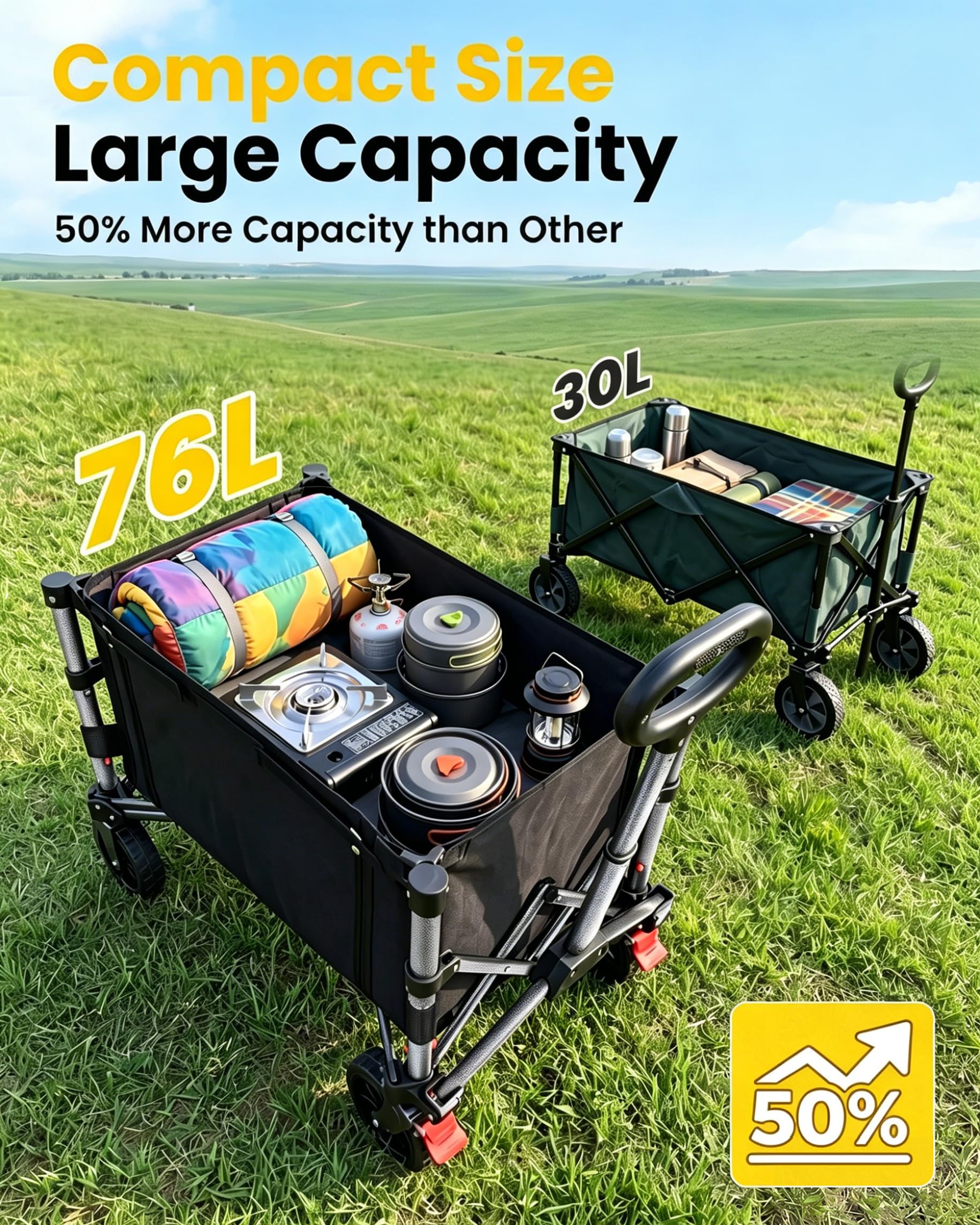 YEAUPE PRO Carrello pieghevole con freno di stazionamento, 70 l, 50 kg, carrello pieghevole in 4 direzioni, manico regolabile in altezza e apertura laterale per giardino, campeggio, spiaggia e