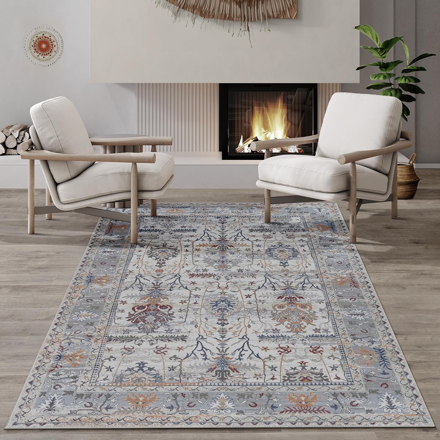 Adiva Rugs Machine Washable 9x12 Area Rug with Non Slip Backing for Living Room, Bedroom, Bathroom, Kitchen, Printed Vintage Home Decor, Floor Decoration Carpet Mat (Multi, 9' x 12')