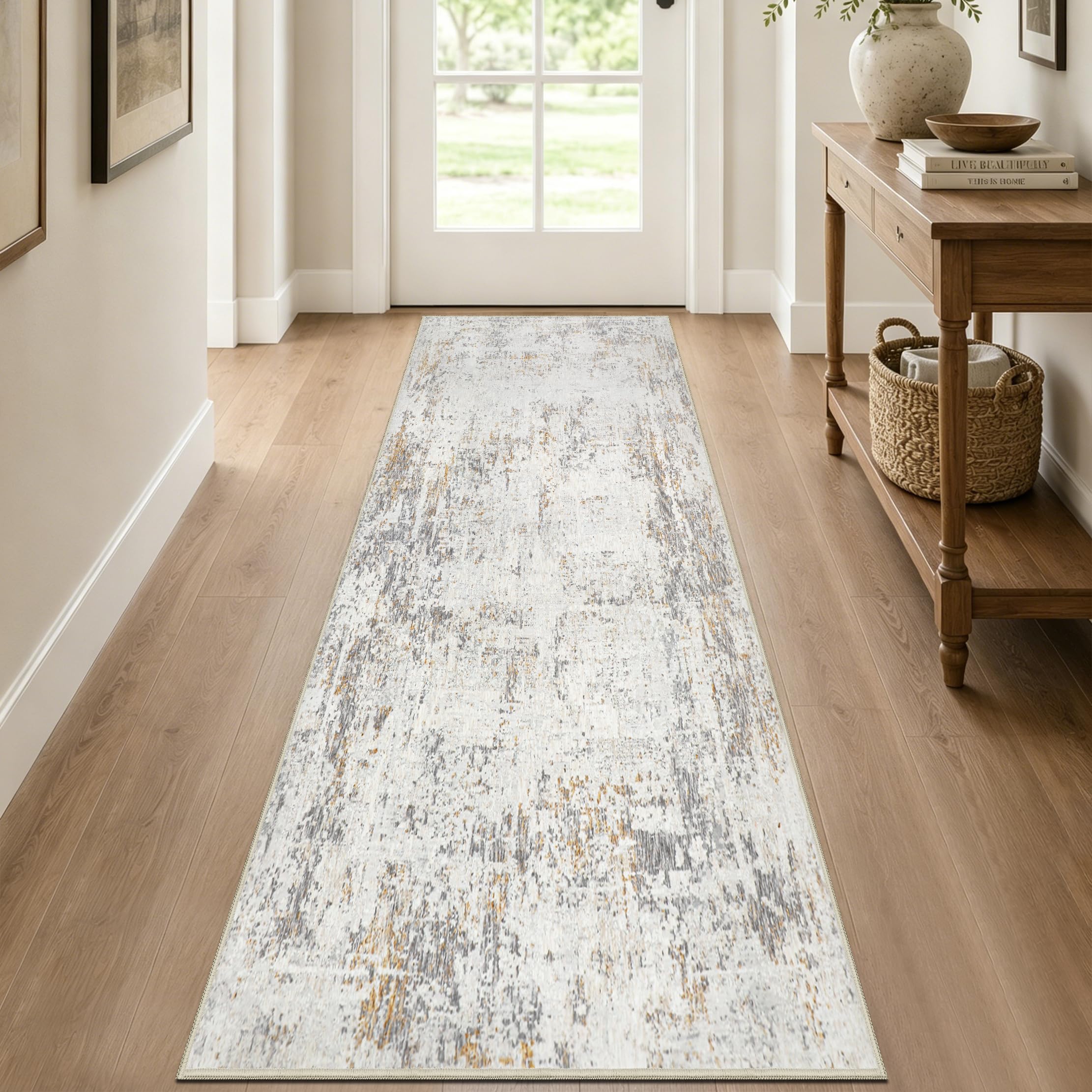 Capslpad Teppich Läufer Flur 80x300cm Beige Abstrakter Waschbar rutschfest Küchenläufer Teppich Modern Minimalistisch Kurzflor Kunstwolle Teppiche für Wohnzimmer Schlafzimmer