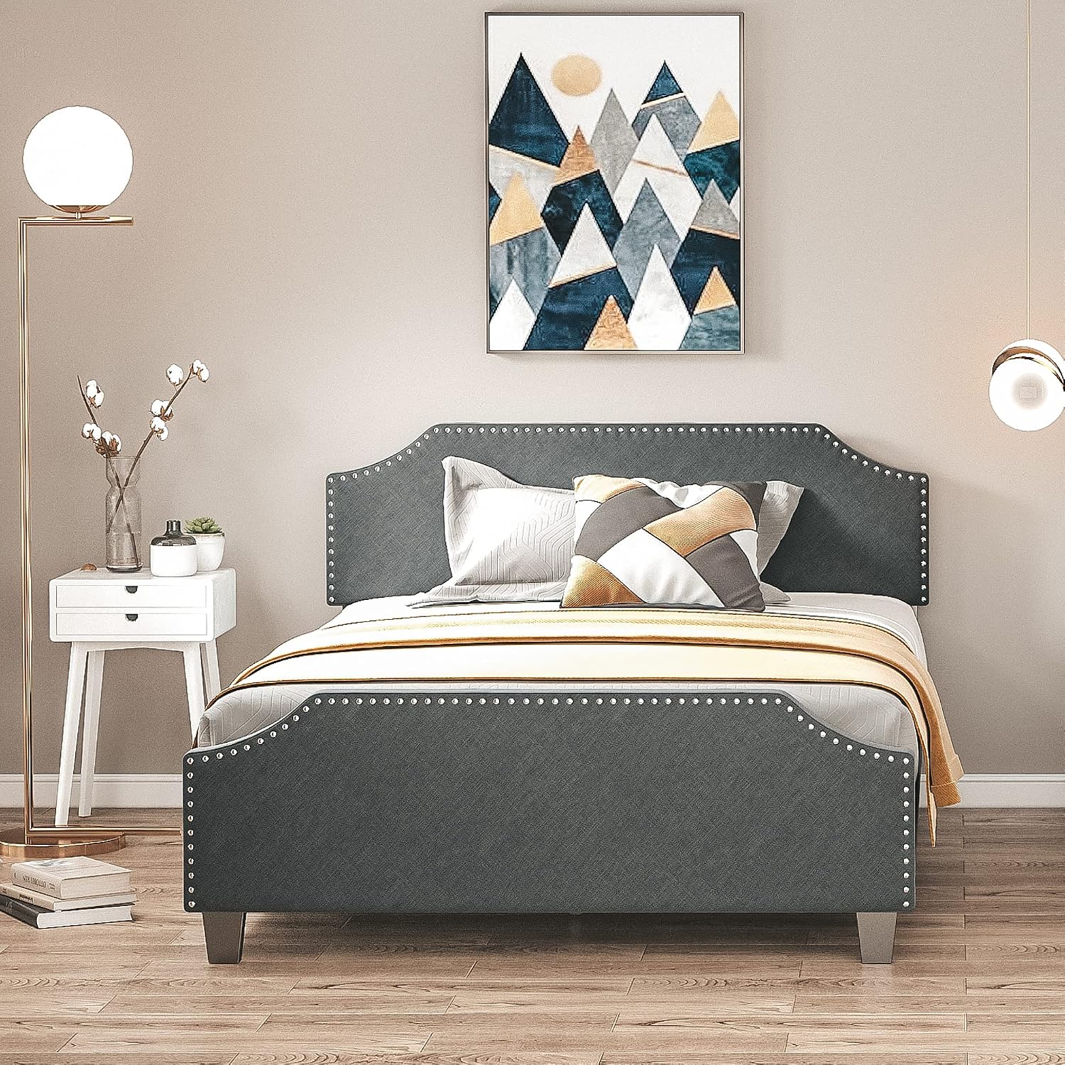 LIKIMIO Full Size Bed Frame, Modern Upholstered Platform Bed with Headboard and Footboard, Heavy Duty Wood Slat Support, Easy Assembly, No Box Spring Needed, Dark Grey