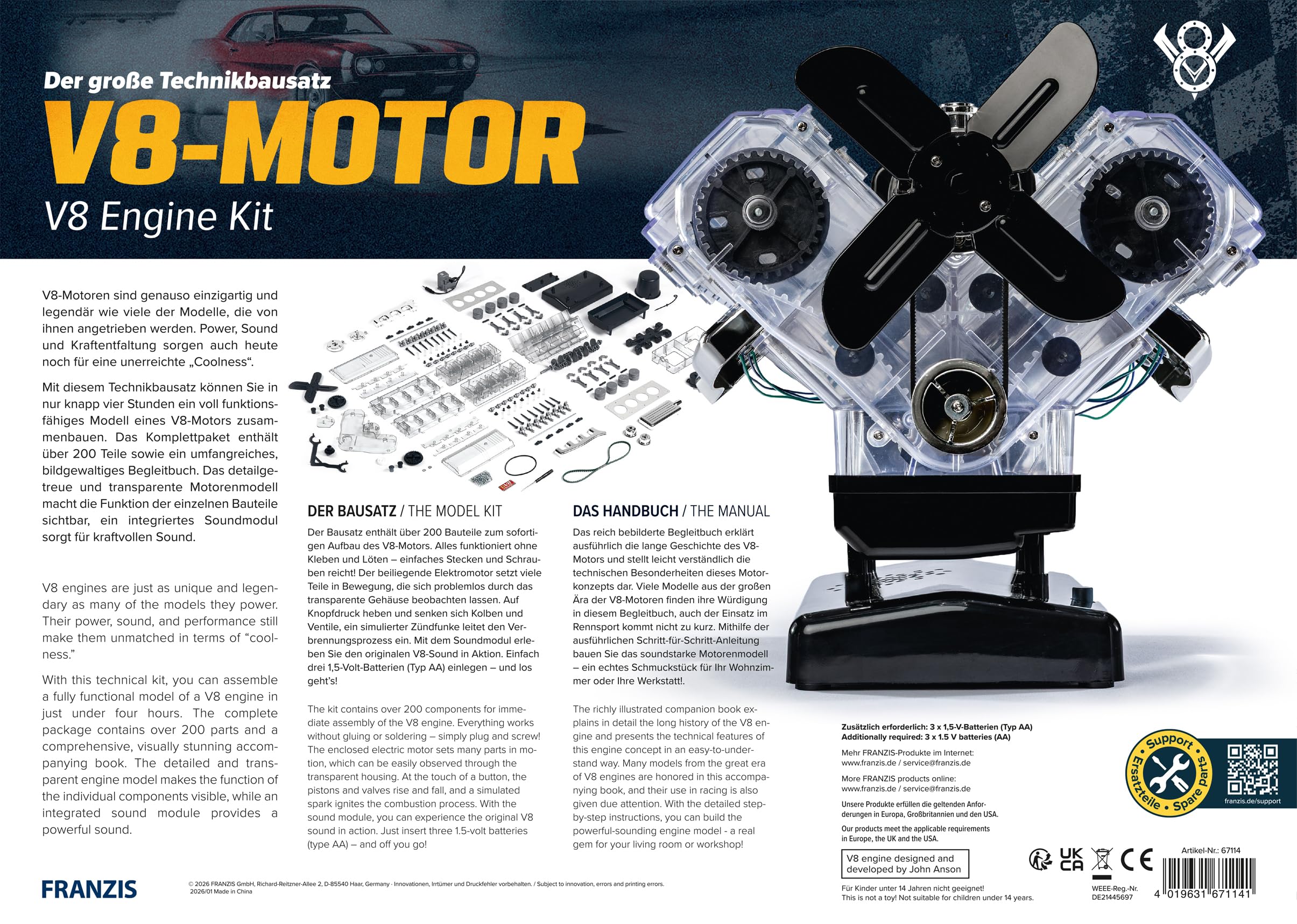 Franzis 67114 große Technikbausatz V8-Motor: Baue den legendären V8-Motor nach und erlebe was hinter der Technik steckt!