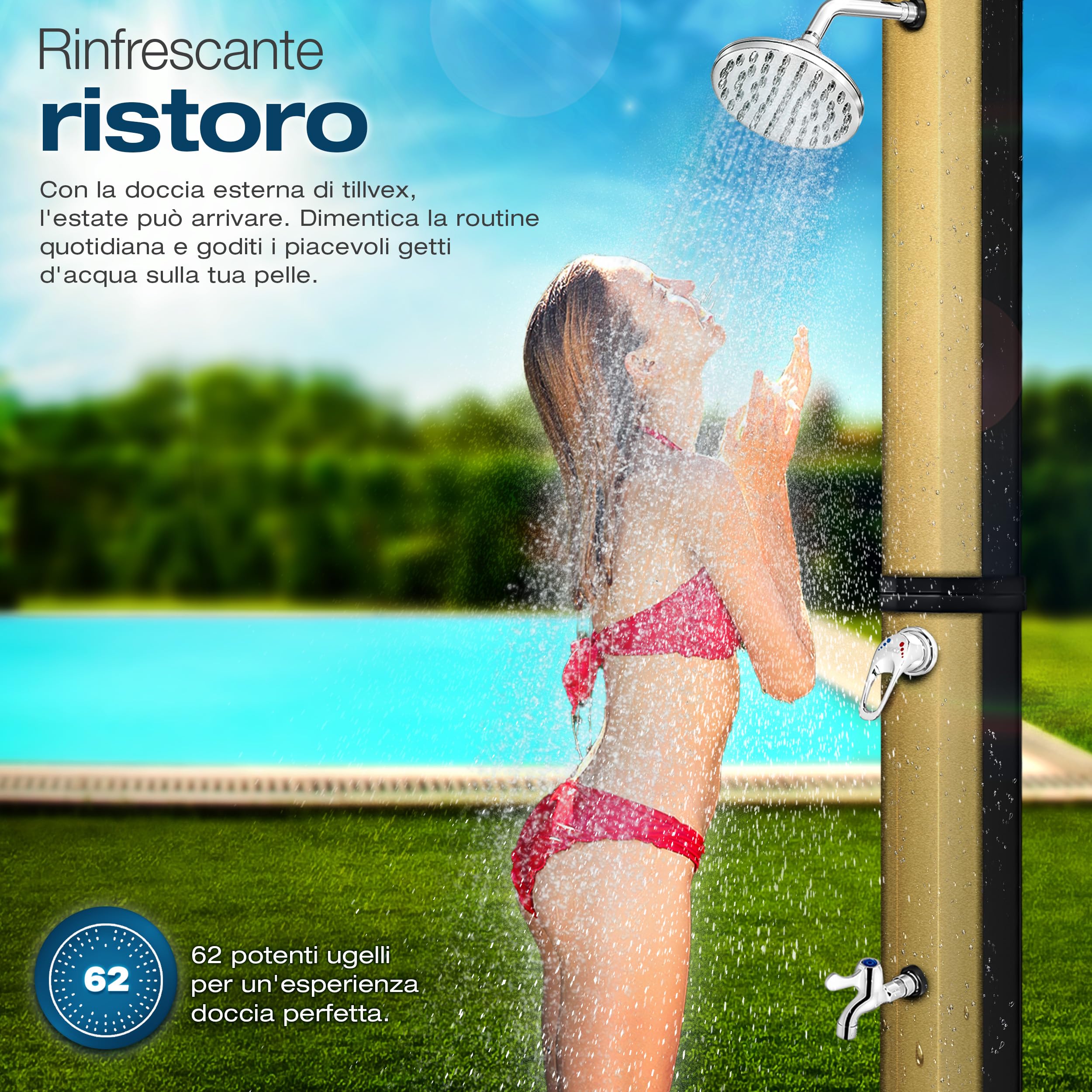 tillvex Doccia Solare con Coperchio di Protezione, Doccia da Giardino a energia Solare, per Piscina, Senza Collegamento di Alimentazione, con Rubinetto (Nero/Oro, 35 Litri)