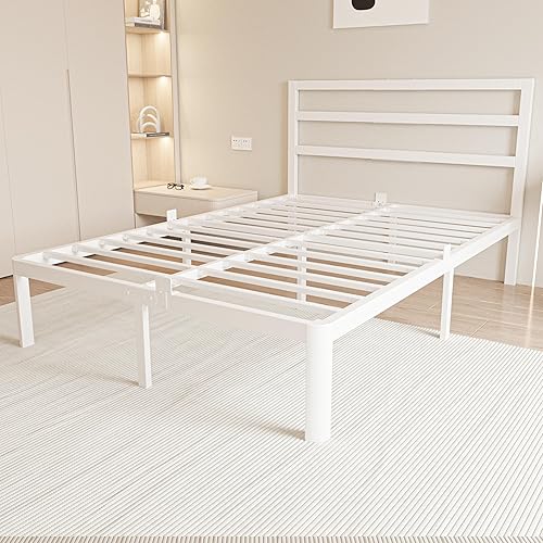 14 Inch Full Bed Frame with Headboard, White Metal Full