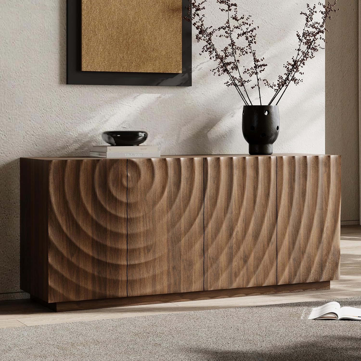 59" Mid-Century Modern Sideboard Buffet Walnut Credenza Storage Cabinet with 4 Ripple Doors for Kitchen Living Room Entryway
