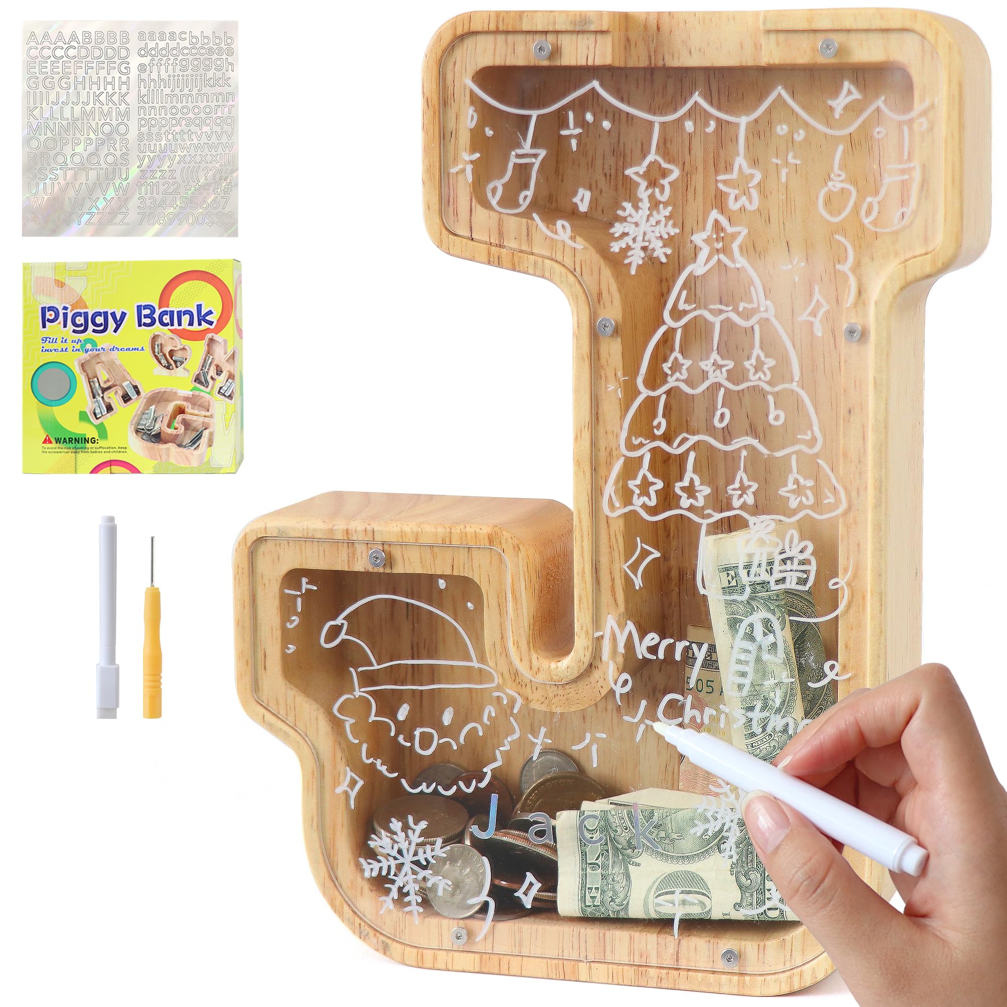 weallbuy Large Letter Piggy Bank for Kids Boys Girls Wooden Personalized Piggy Banks A-Z with Target Area Clear Alphabet Banknote Coin Banks for Gift