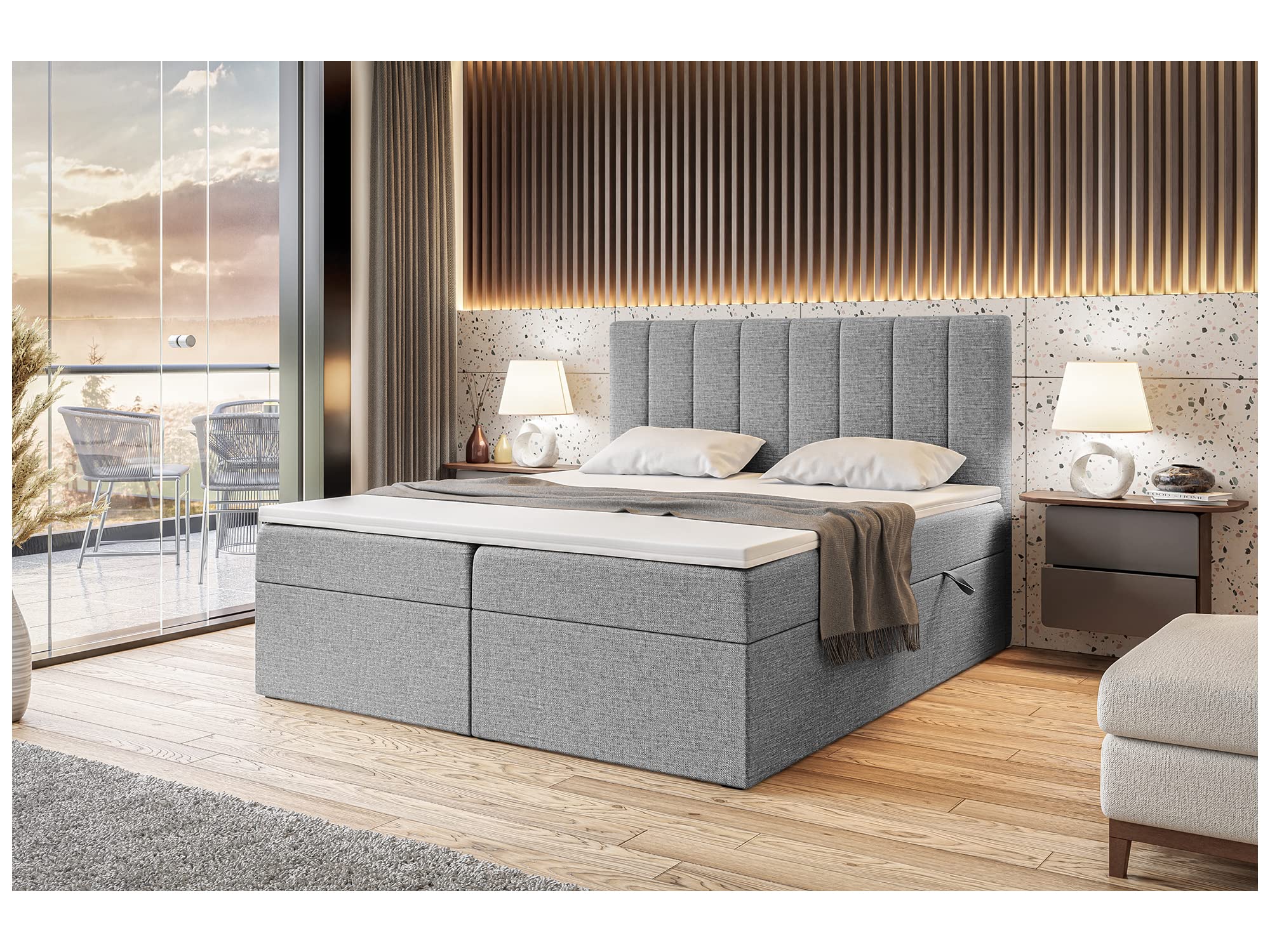 MEBLINI Boxspringbett mit Bettkasten - 180x200 - Gepolstert Doppelbett mit Matratze und Topper - Polsterbett mit Stauraum - Bett mit Kopfteil - Stauraumbett - Erling - H3/Grau Webstoff