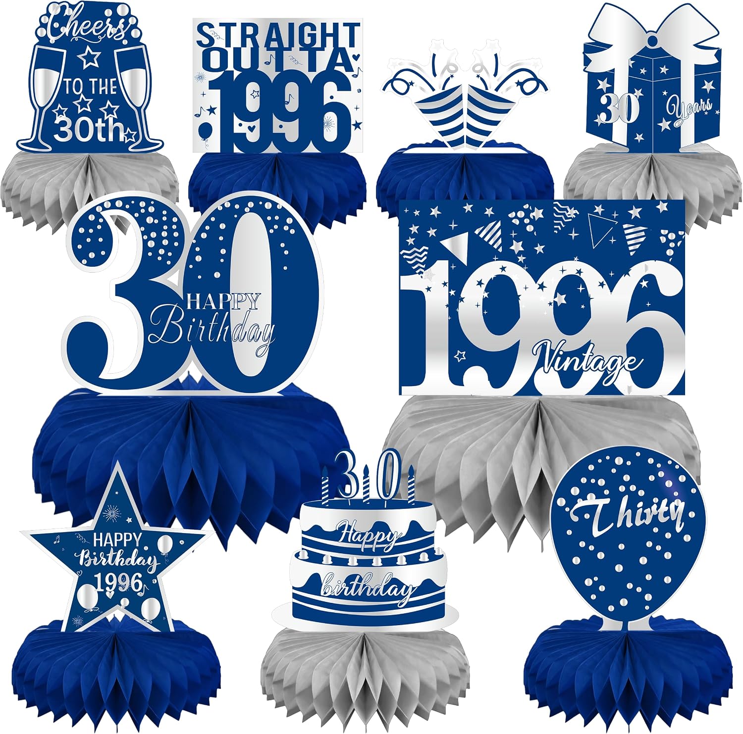 LINAYE 30th Birthday Decorations for Men - Blue and Silver Honeycomb Centerpieces for 30 Year Old Birthday Party 30th Birthday Centerpieces for Table Thirty Birthday Vintage 1996 Decorations Decor