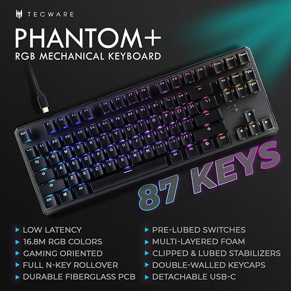 TECWARE Phantom+ 87 Mechanical Gaming Keyboard | RGB LED Backlit | Hot Swappable Wraith Brown Switches | 87 Key TKL Layout | Thocky Sound Profile | Detachable USB-C Wired | Black