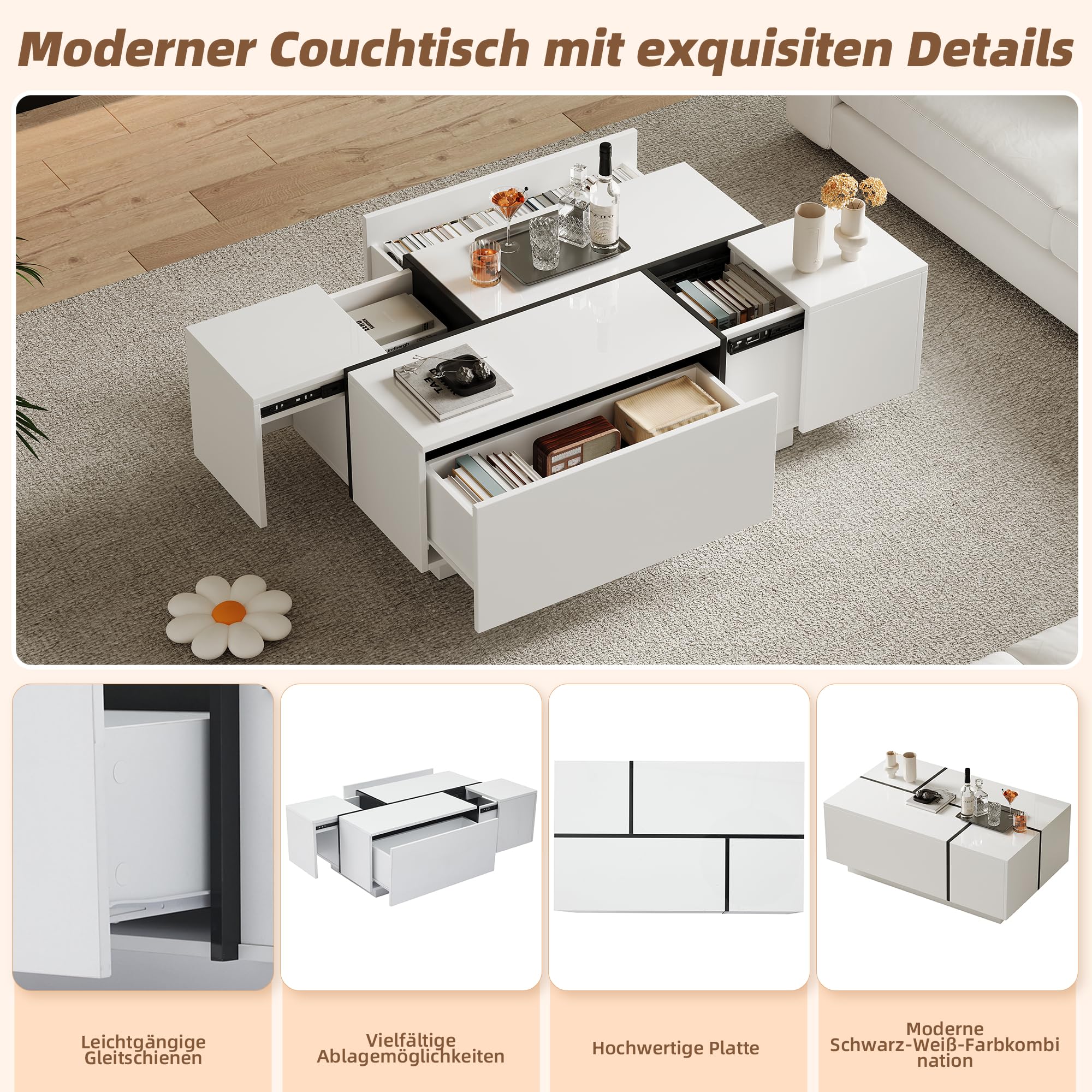 Merax Couchtisch Rechteckiger, Moderner Wohnzimmertisch Ausziehbar mit Schiebetischplatte, Multifunktions-Kaffeetisch mit 4 Schubladen, Hochglanz Sofatisch Beistelltisch für Wohnzimmer, Büro, Weiß