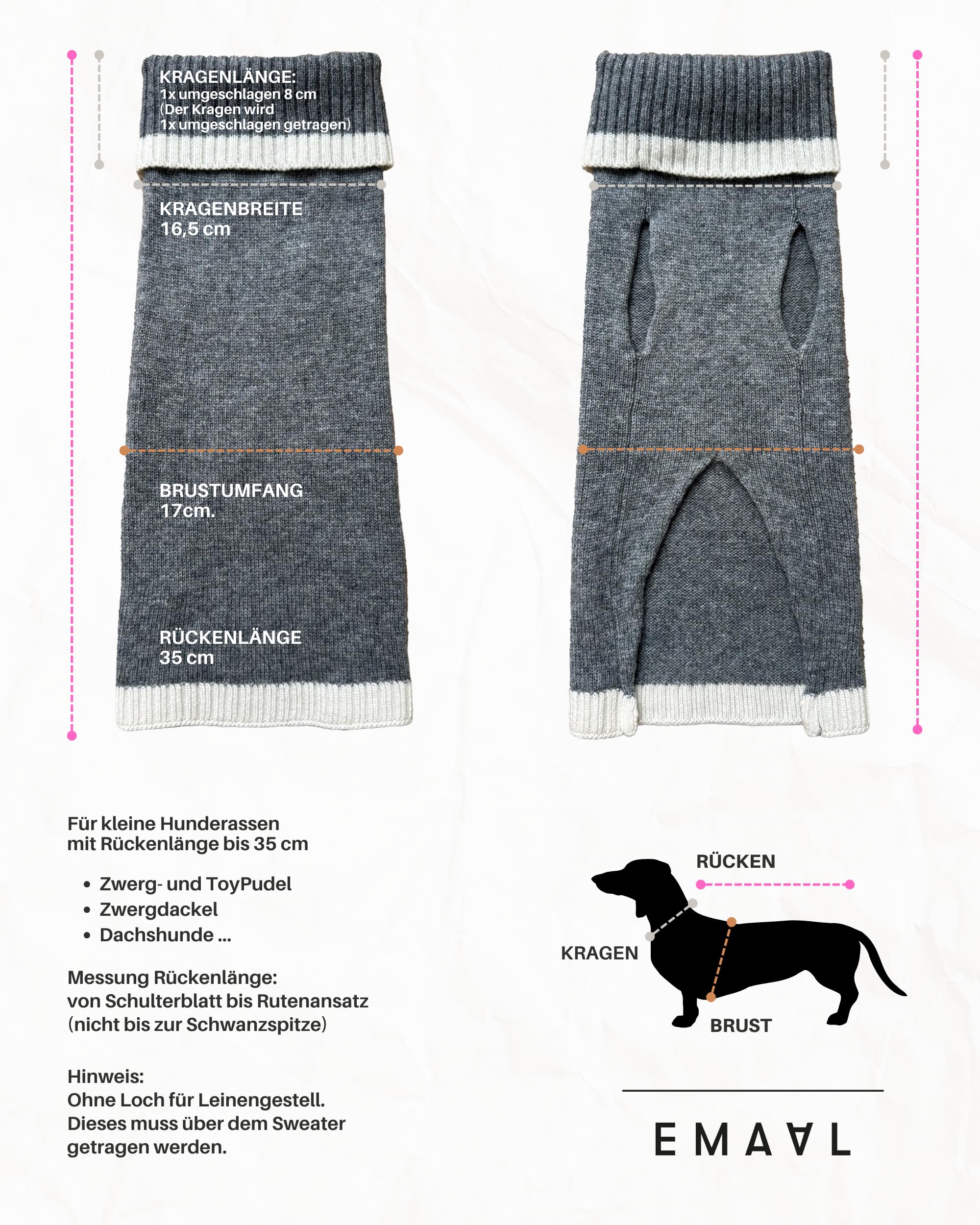 EMAAL 100% Kaschmir Hundesweater Colorado, Grau, Weiss, Gestrickt, für kleine Hunde bis 35 cm Rückenlänge, warm, bequem, für jedes Fell, für kühle Spaziergänge oder gemütliche Abende zu Hause