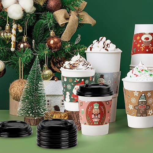 Miniatura 4 de Paquete de 50 tazas de café desechables de Navidad de 24 onzas con tapas y fundas de Navidad, vasos de papel de Navidad gruesos duraderos para