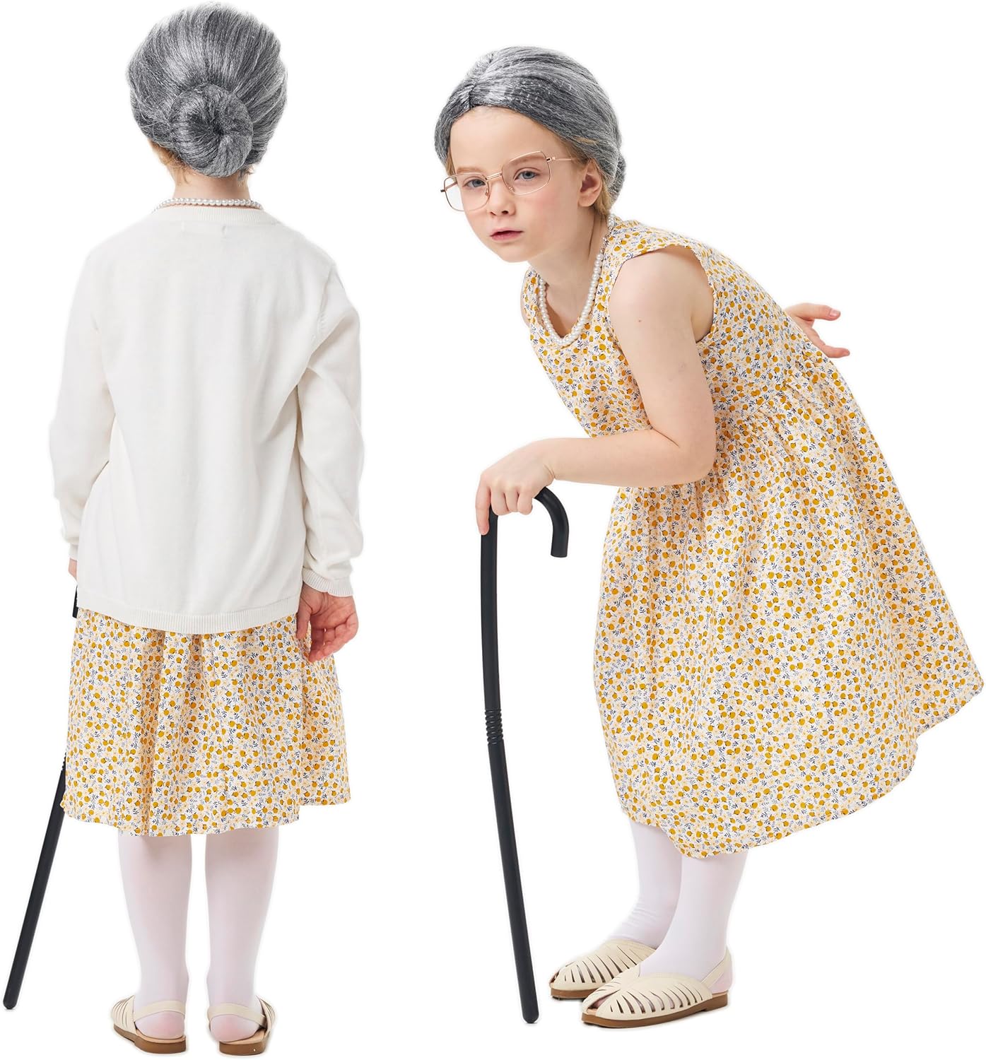 nezababy Kids Old Lady Costume for Girls 100 Days of School Grandma Wig Dress Sweater Granny Dress Up Outfit Cosplay - Image 3