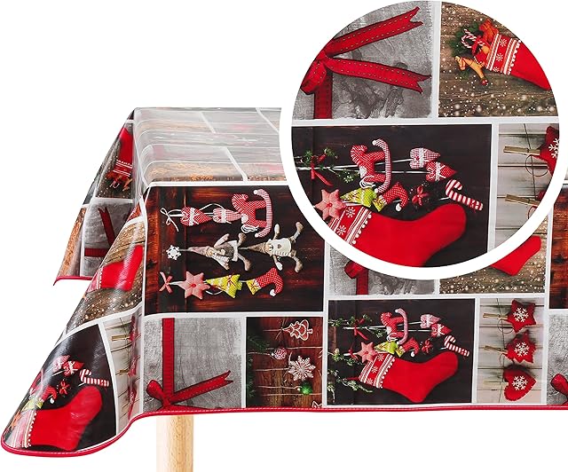 Home Direct Christmas Rectangular Oilcloth PVC Wipe Clean Tablecloth Table Cover 140cm x 200cm 55x78 Red