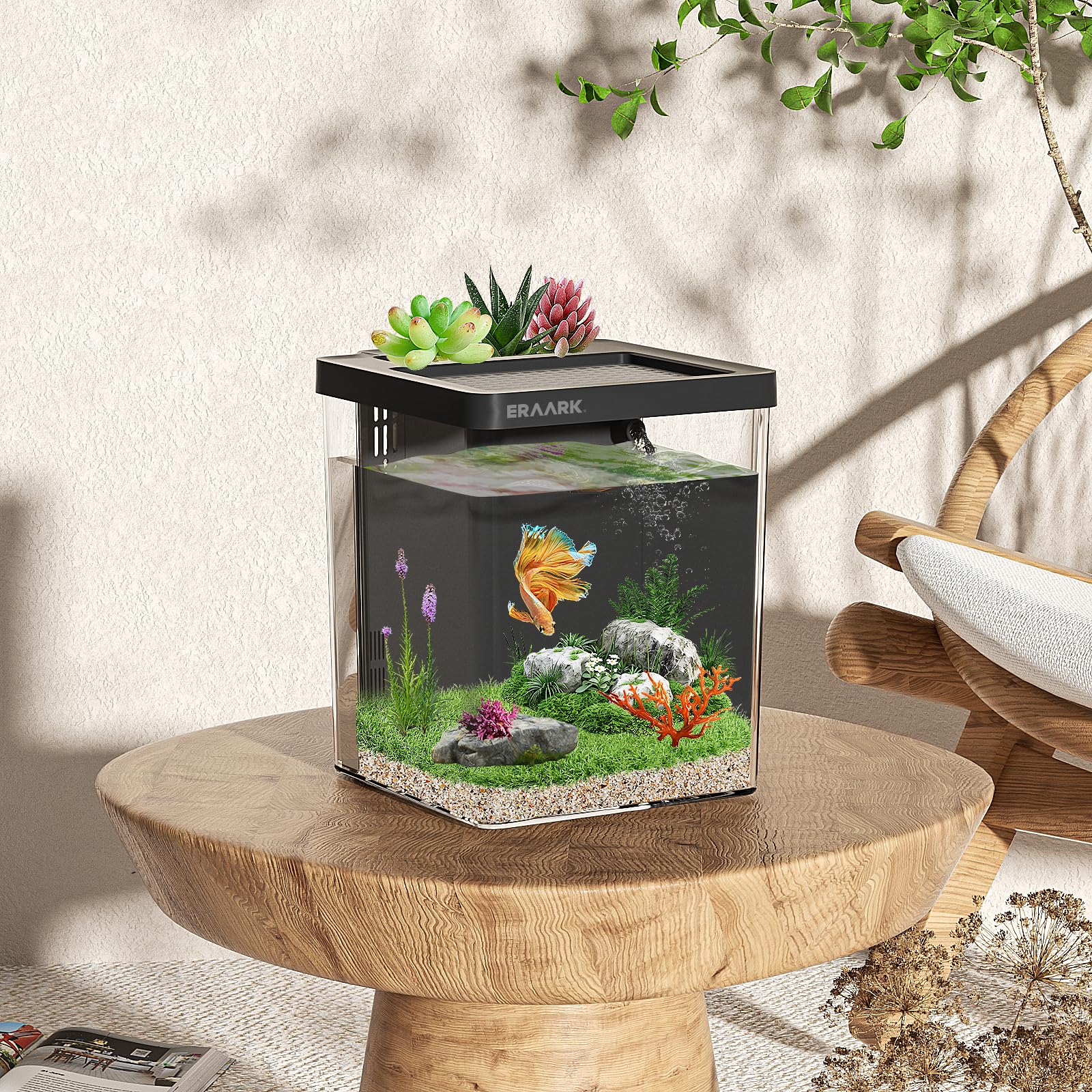 ERAARK Betta Aquarium-Set mit Filter-LED-Licht, Wasserpumpe, Starter-Kits, Fischglas, 4,8 l