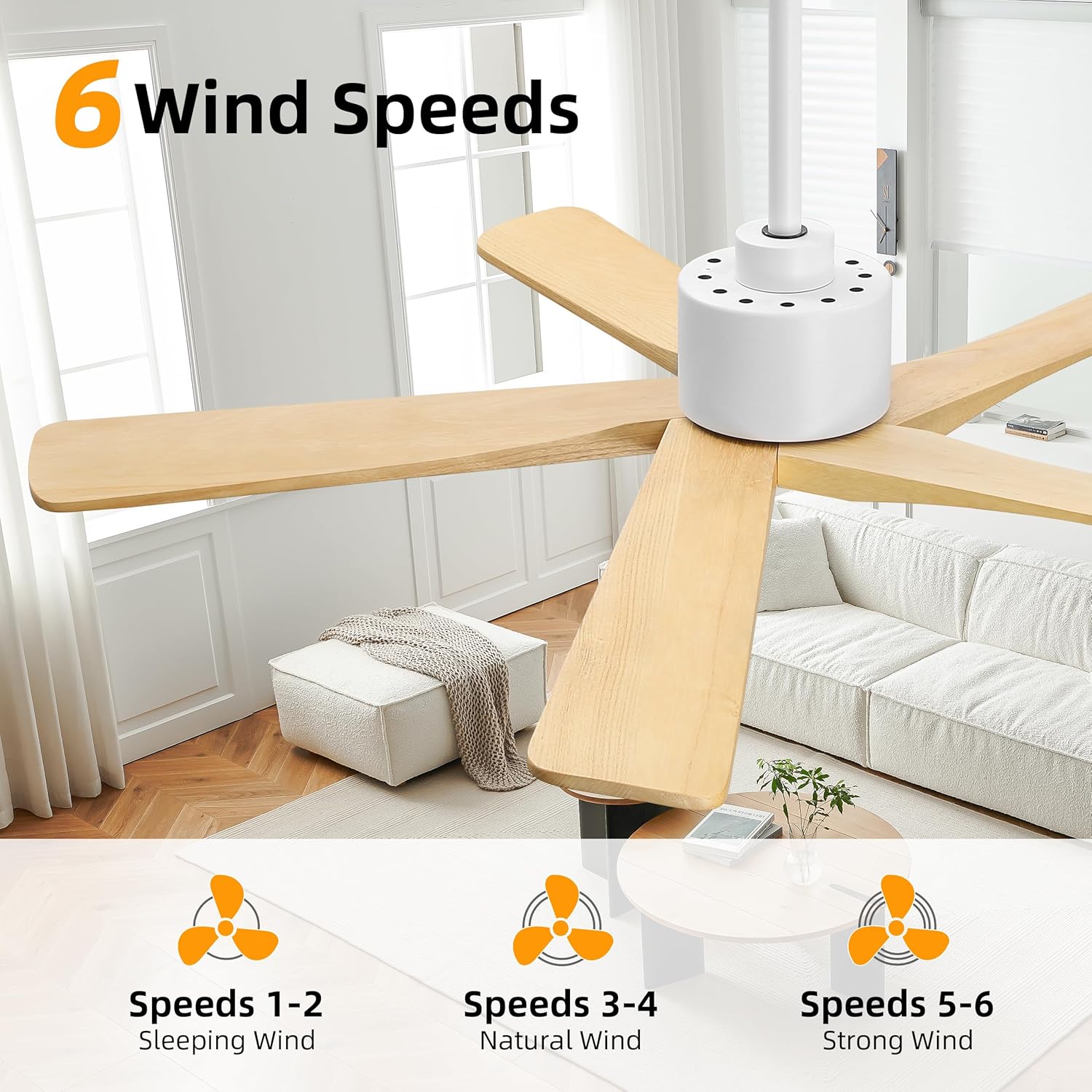 WINGBO 48" DC Ceiling Fan No Light - 5 Carved Solid Wood Blades, 6-Speed Reversible DC Motor, Ceiling Fan without Lights for Living Room Bedroom Kitchen Patio, Indoor and Outdoor, White and Oak