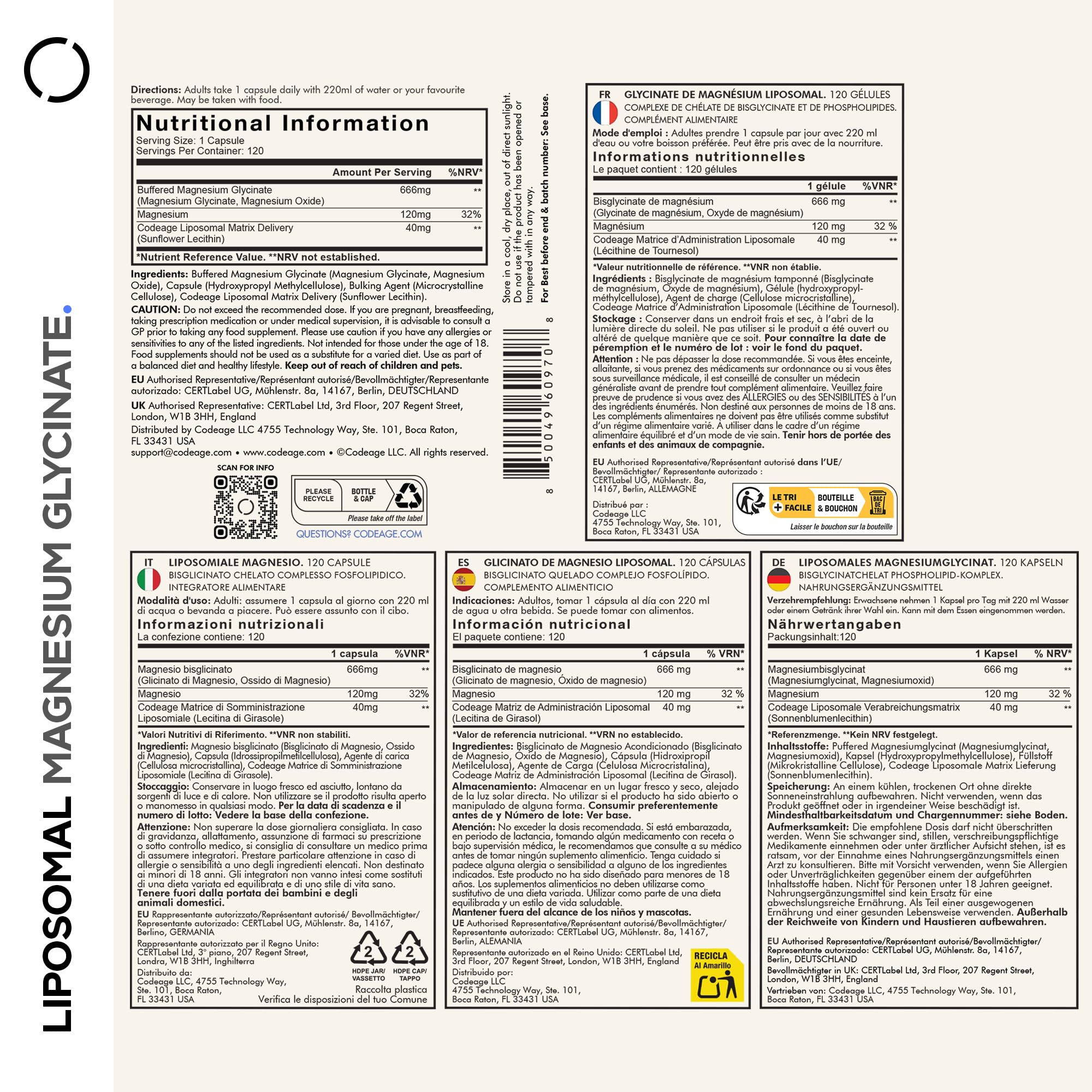 Codeage Liposomales Magnesiumglycinat-Präparat, 4-Monats-Vorrat, Bisglycinat-Magnesiumchelat, Chelatierte Magnesium-Mineralkapseln, Bioverfügbar, Gentechnikfrei, Vegan, Glutenfrei, 120 Kapseln