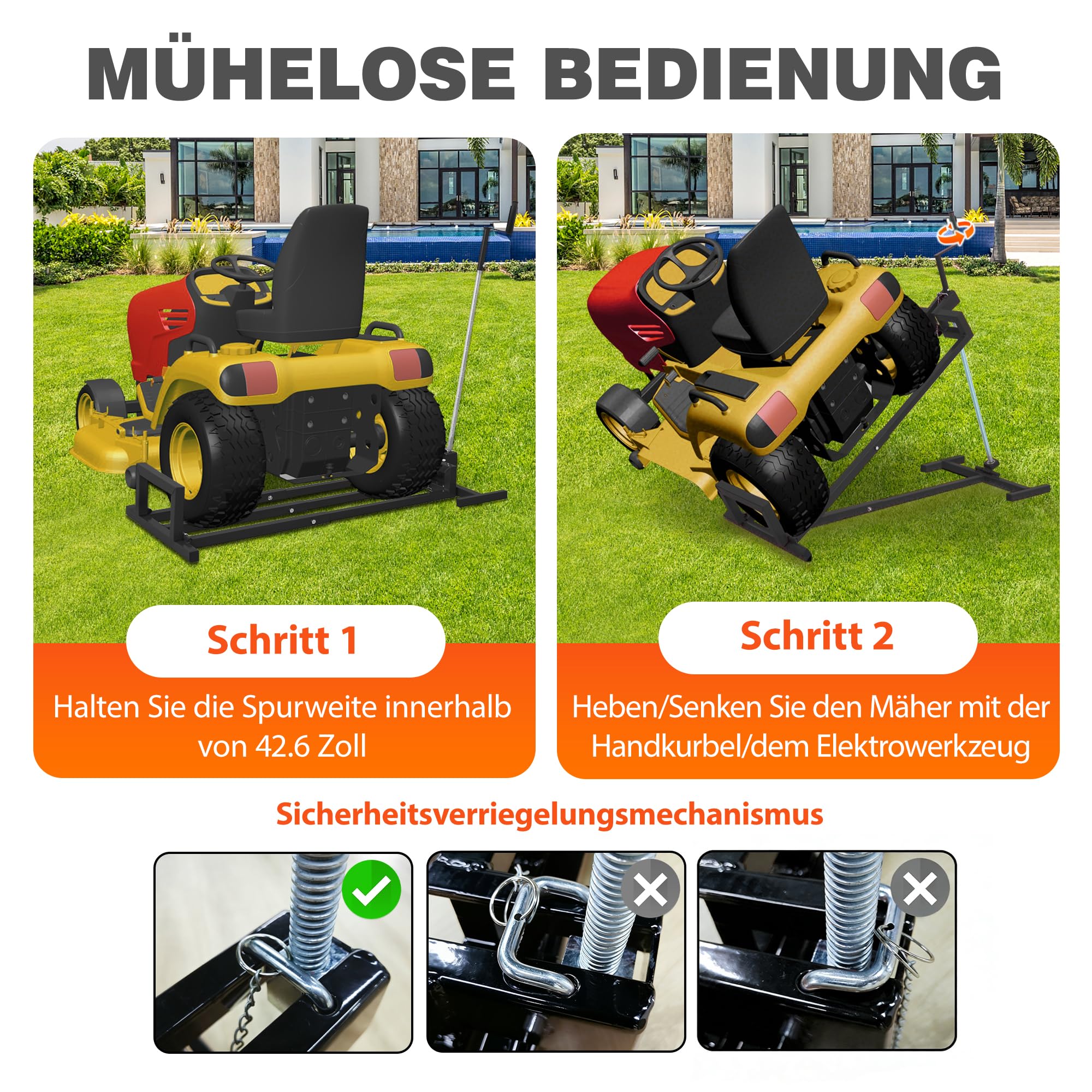 Rasentraktorheber, faltbare Schwerlast-Hebebühne aus Stahl für Rasenmäher, 400 kg Hubkraft, teleskopierbarer Wartungswagen mit Griff für manuellen und Elektrowerkzeug-Einsatz (Schwarz)