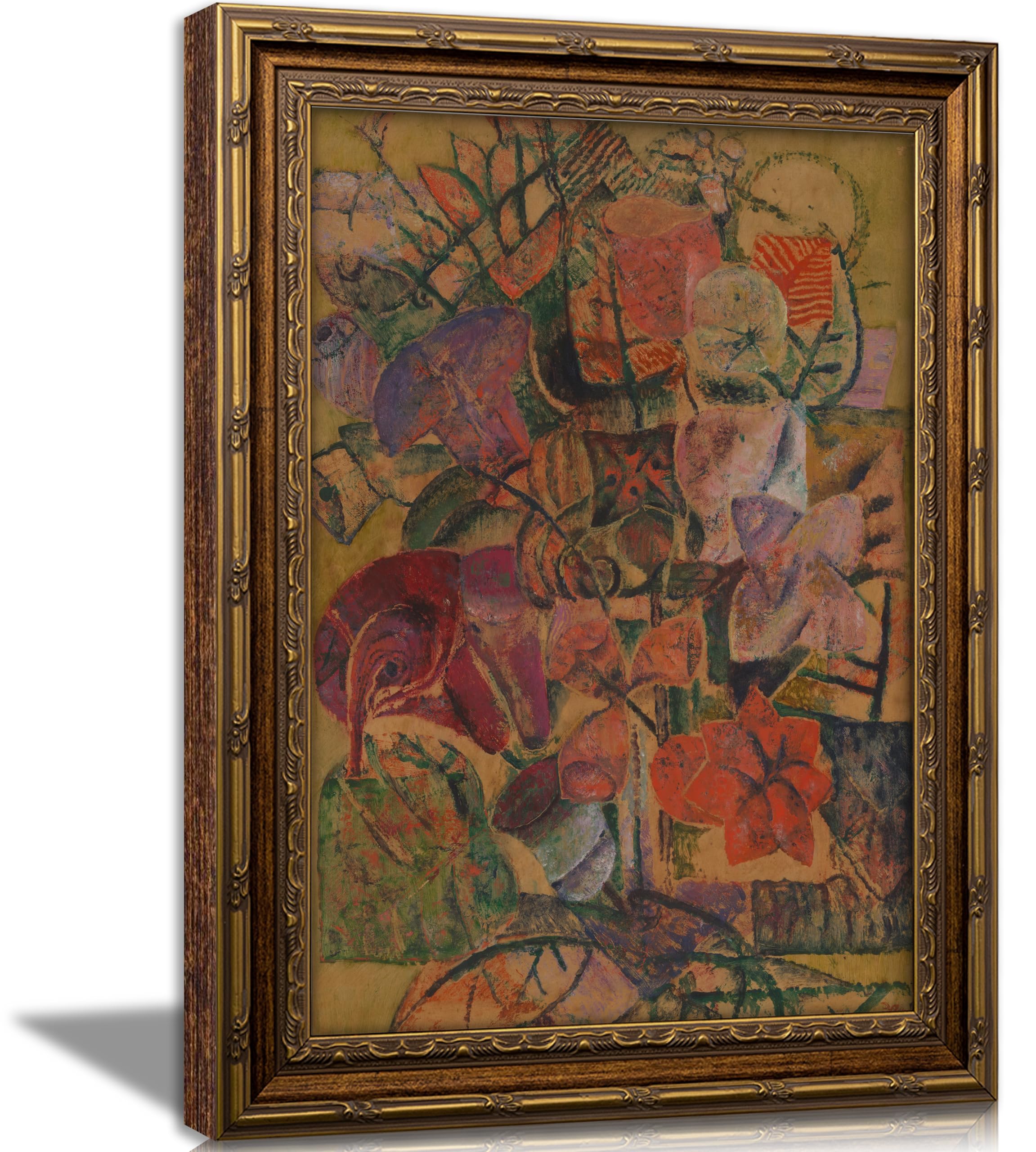 Vintage Gold Framed Abstract Floral Wall Art, Maximalism Flowers Painting Canvas Prints, Colorful Geometric Botanical Floral Bouquet Wall Decor, Modern Aesthetics Poster Artwork for Living Room Office, 12x16in