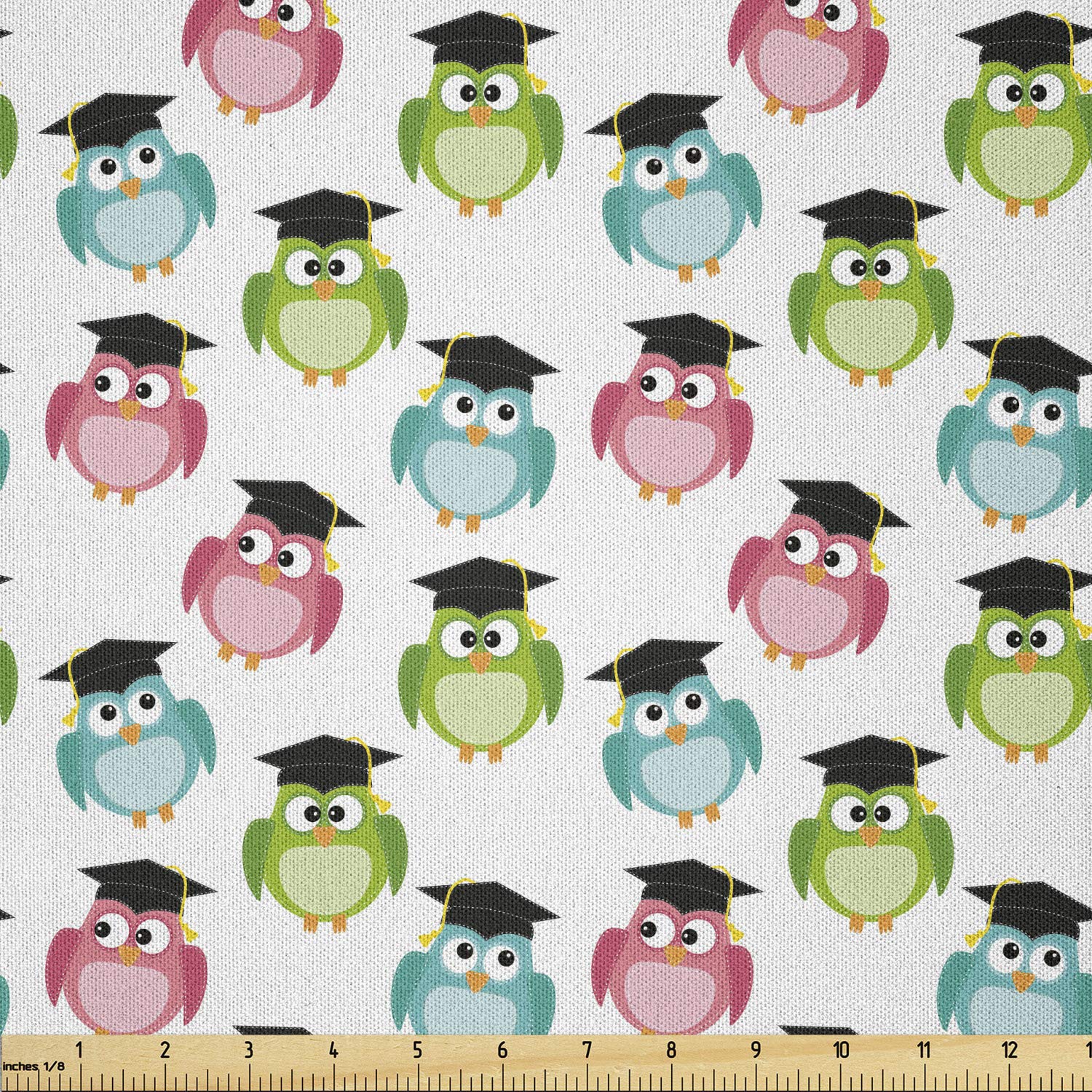 Lunarable Graduation Fabric by The Yard, Colorful Owls with Graduation Caps Mortarboards and The of Wisdom, Microfiber Fabric for Arts and Crafts Textiles Decor, 3 Yards, Coral