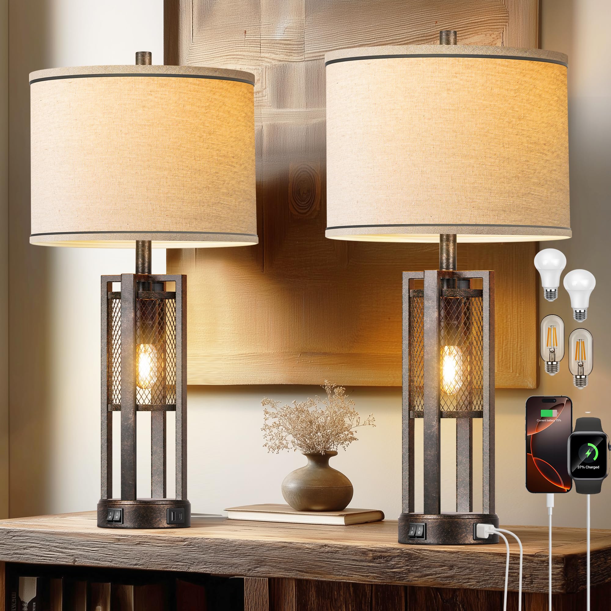 28 Farmhouse Industrial Table Lamp Set of 2 - Rustic Bedside Nightstand Lamps with Dual USB A C