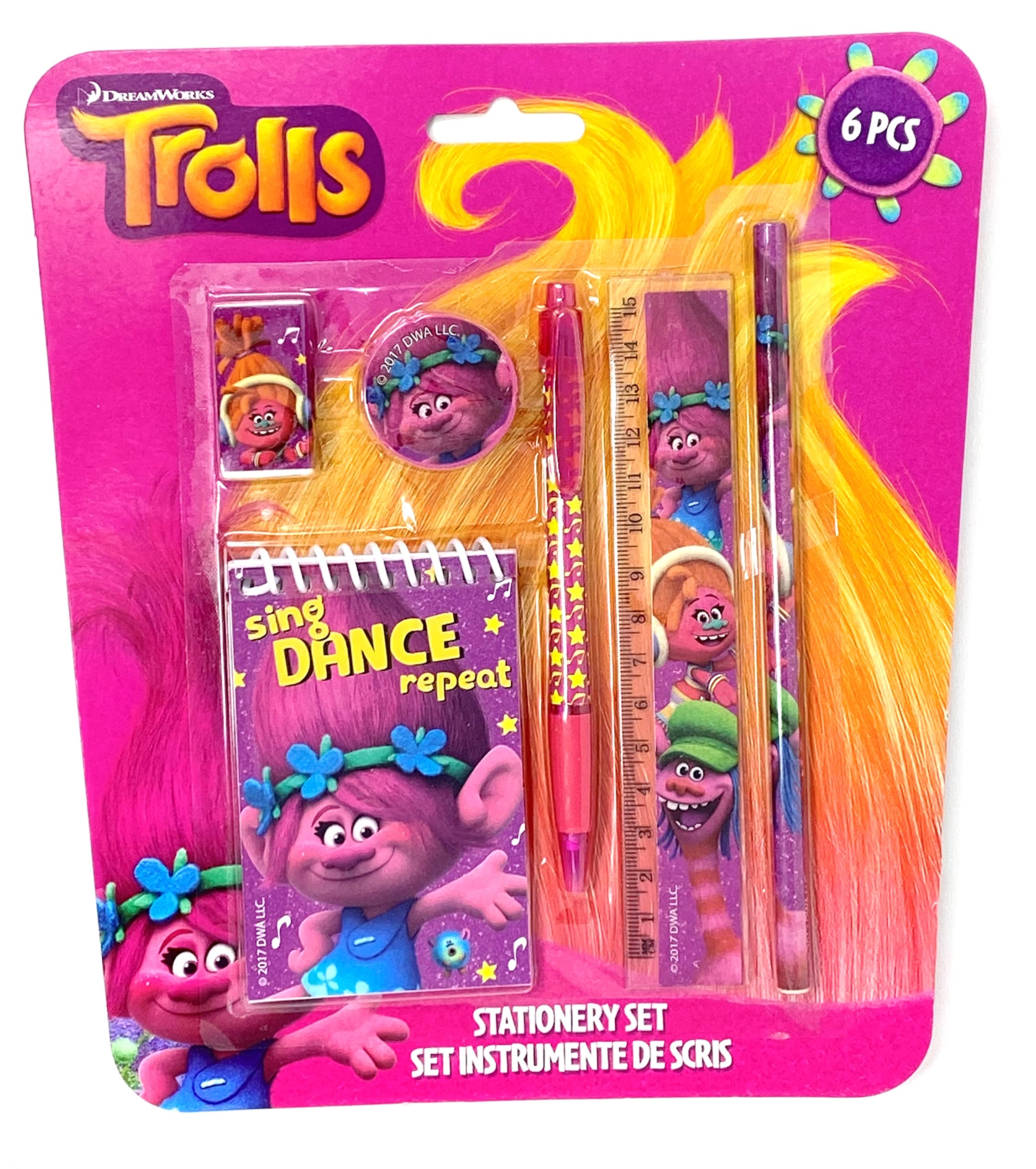 Trolls Movie 5 Piece School Set with Pencil, Ruler, Sharpener, Rubber & Notepad