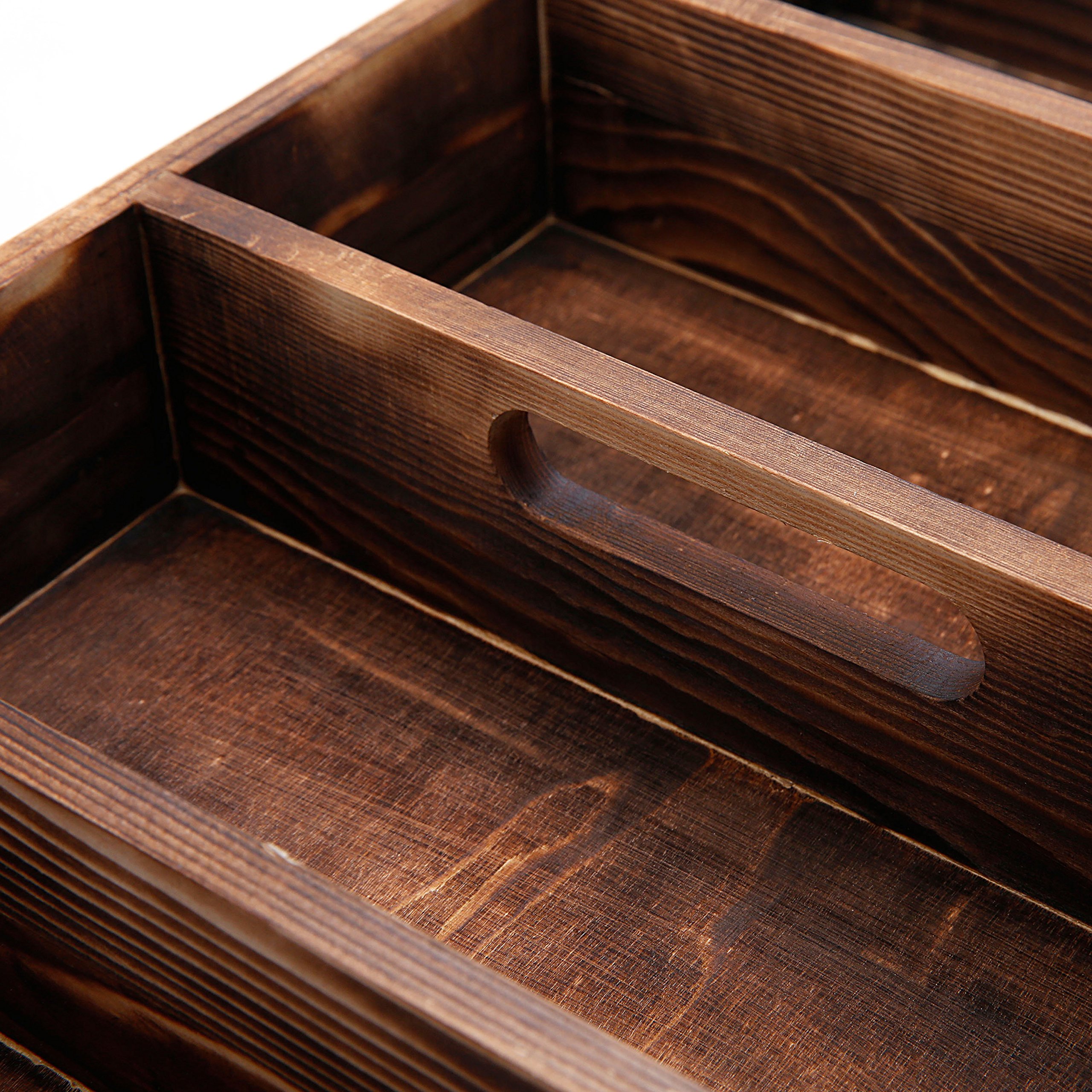 Bandeja organizadora de cajones de madera quemada con 4 ranuras, utensilios multiusos, cubiertos, contenedor de madera para herramientas 5