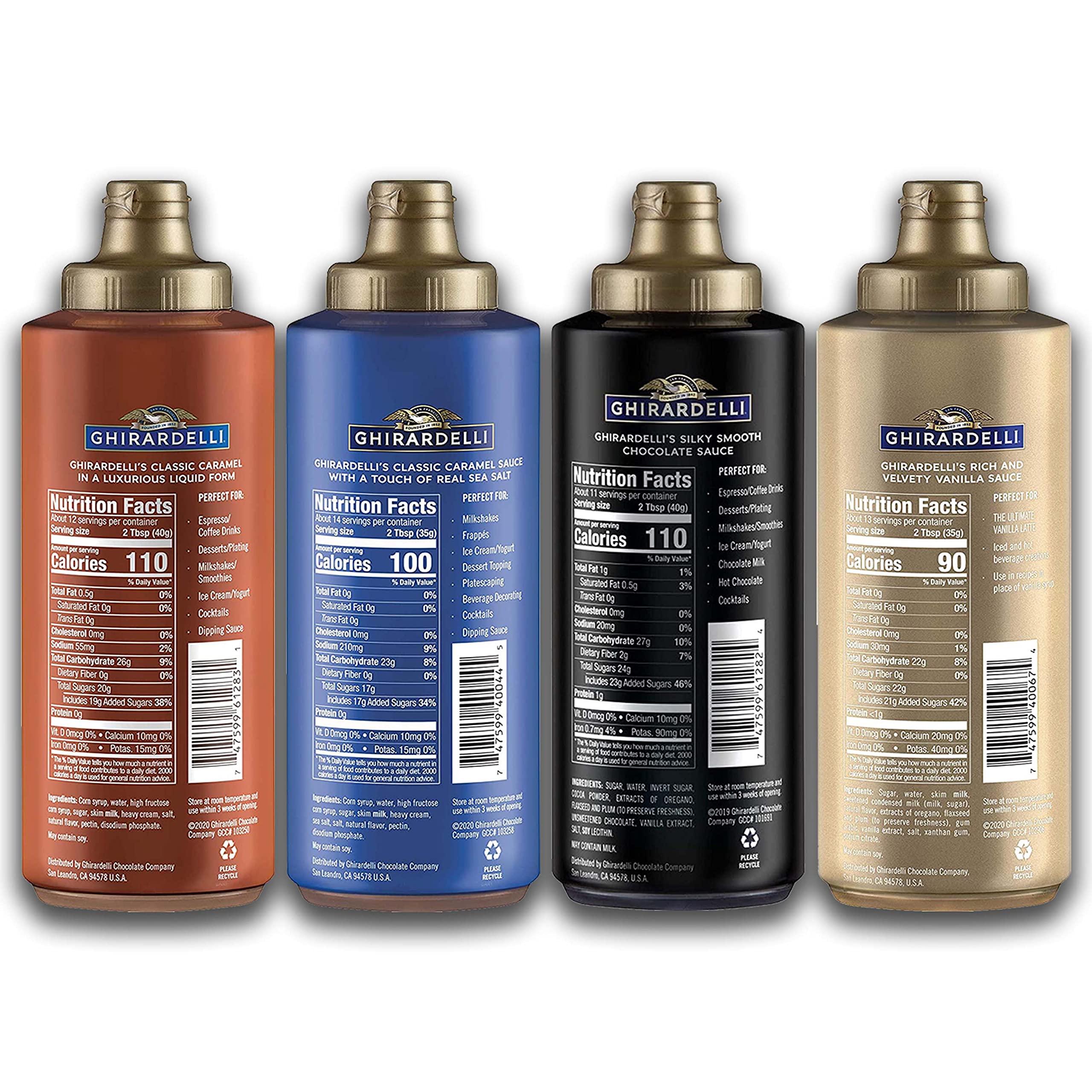 Ghirardelli Coffee Syrup Variety Pack 4 Flavors, Ice Cream Toppings, Caramel Sauce, Vanilla