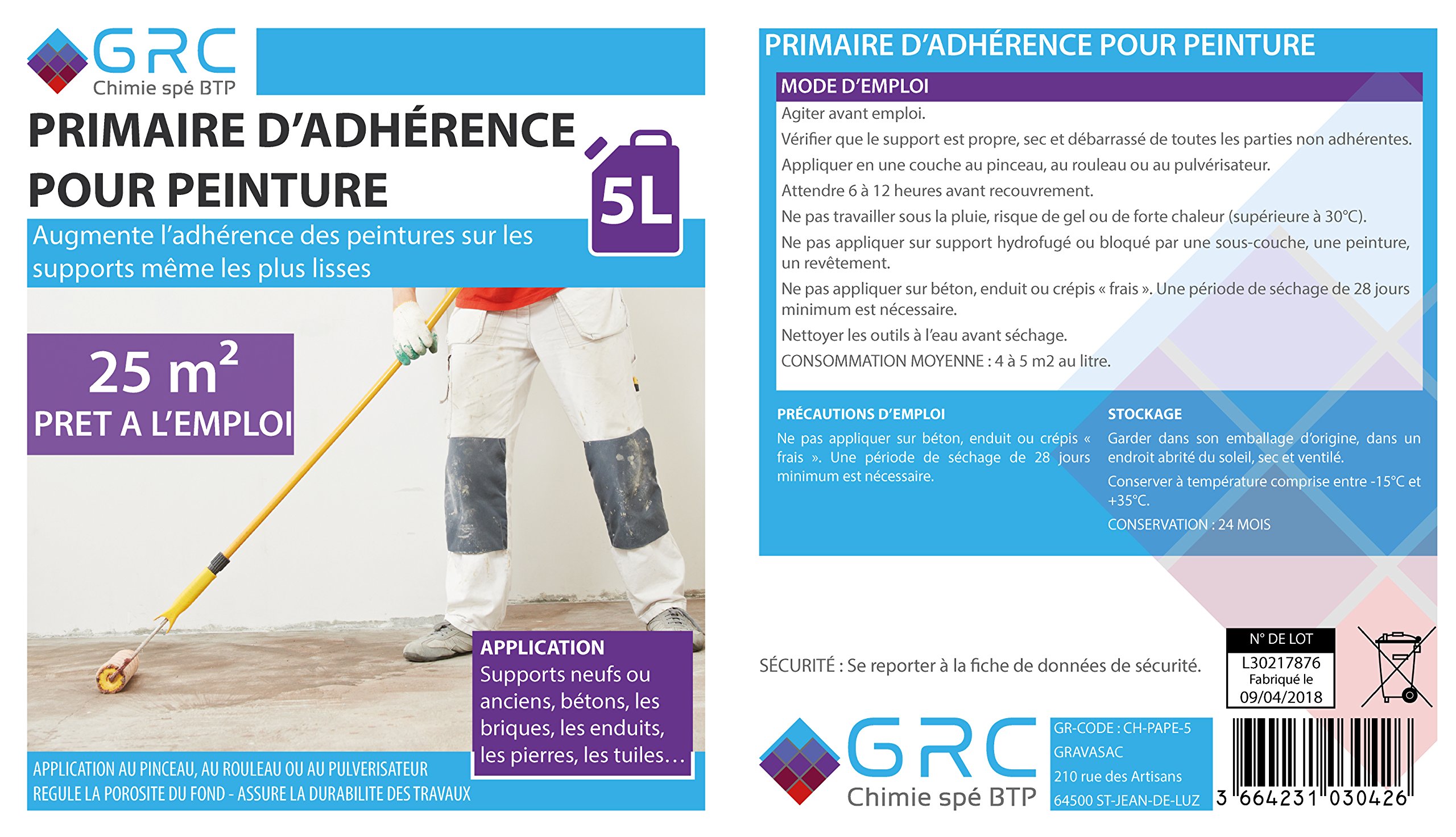 GRC - Primaire d'adhérence pour peinture, 5L prêt à l'emploi pour 25m²