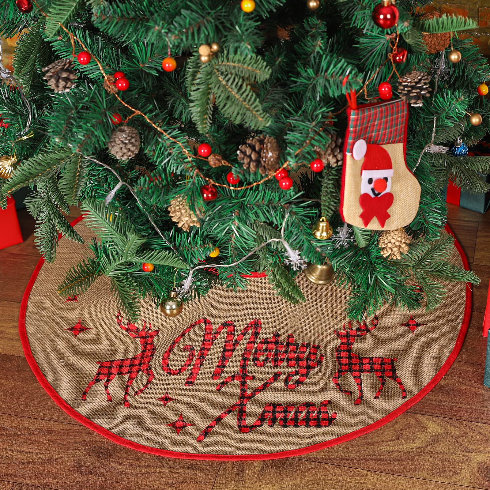 Gonna Per Albero Di Natale N&T NIETING In Tela, 75 Cm, Double Face Con Scritta Merry Christmas E Testa Di Cervo, Antigoccia