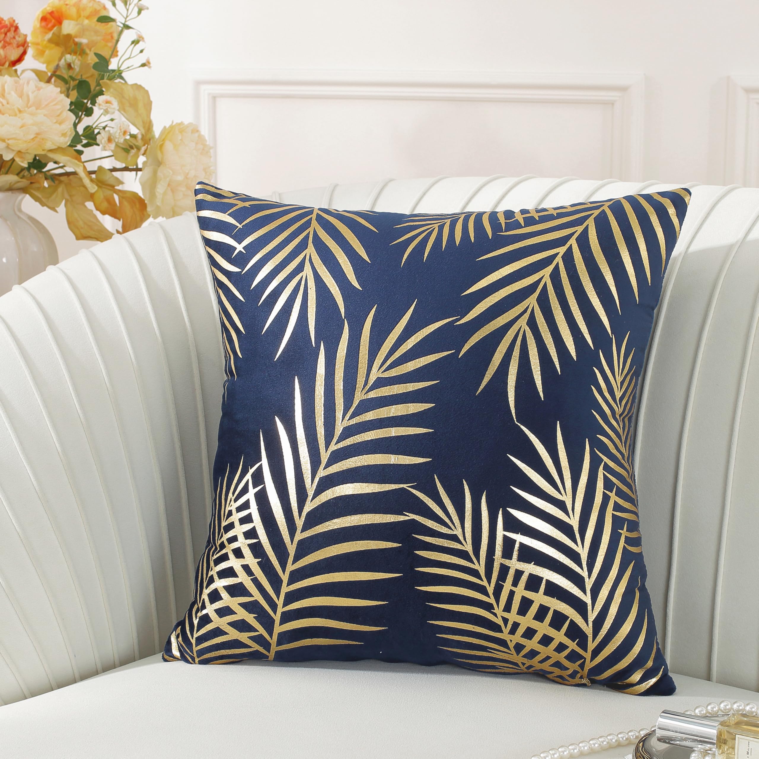 TAOSON Pack of 2,Gold Pillow Covers Velvet Cozy Soft Gold Stamping Leaves Decorative Cozy Soft Throw Pillow Cases Cushion Covers Shells for Sofa Couch Bed Home Decoration 18 x 18 Inches Navy Blue — image 1