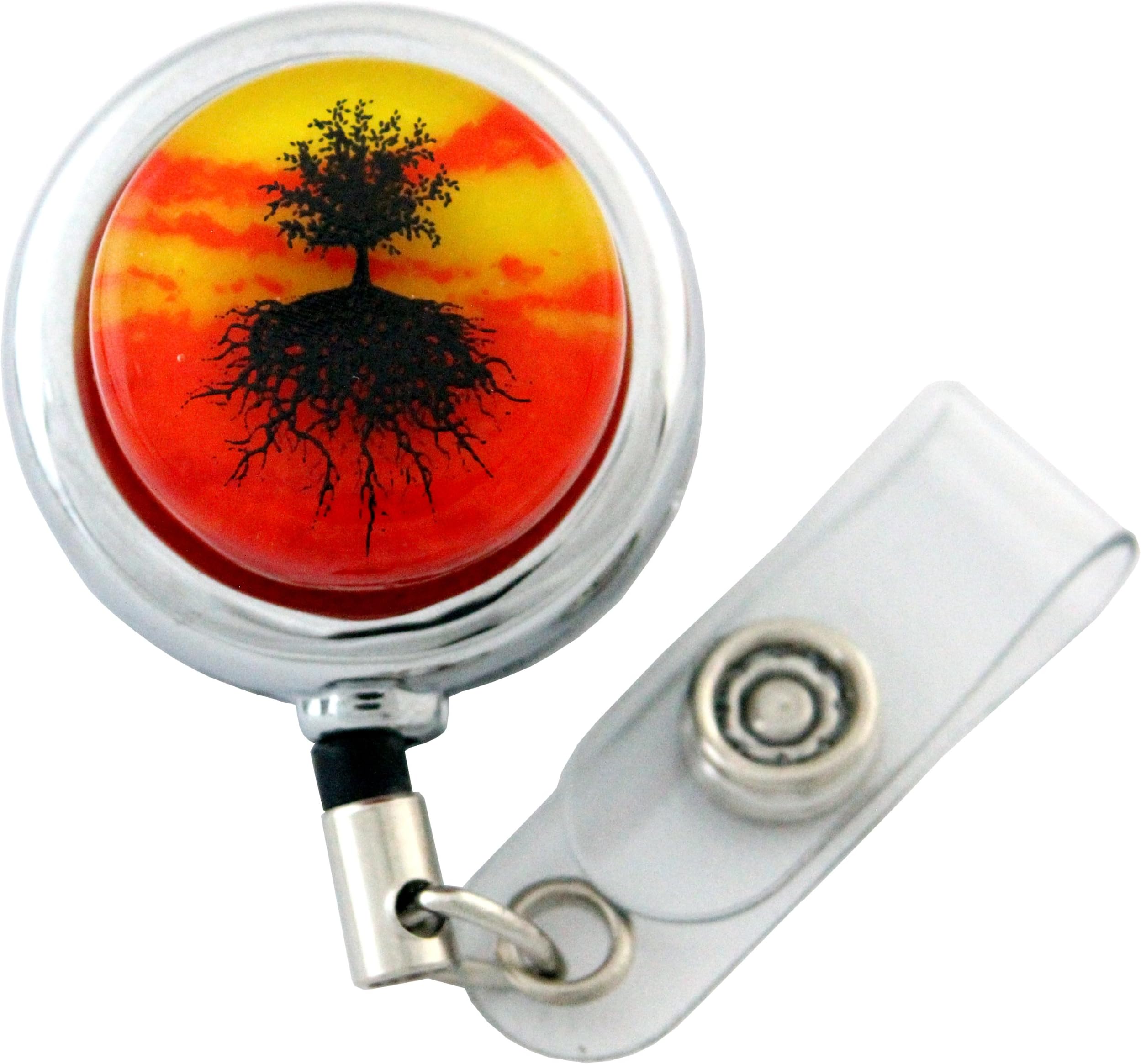 Tree of Life, Fused Glass, Metal Retractable Badge Reel with Belt Clip