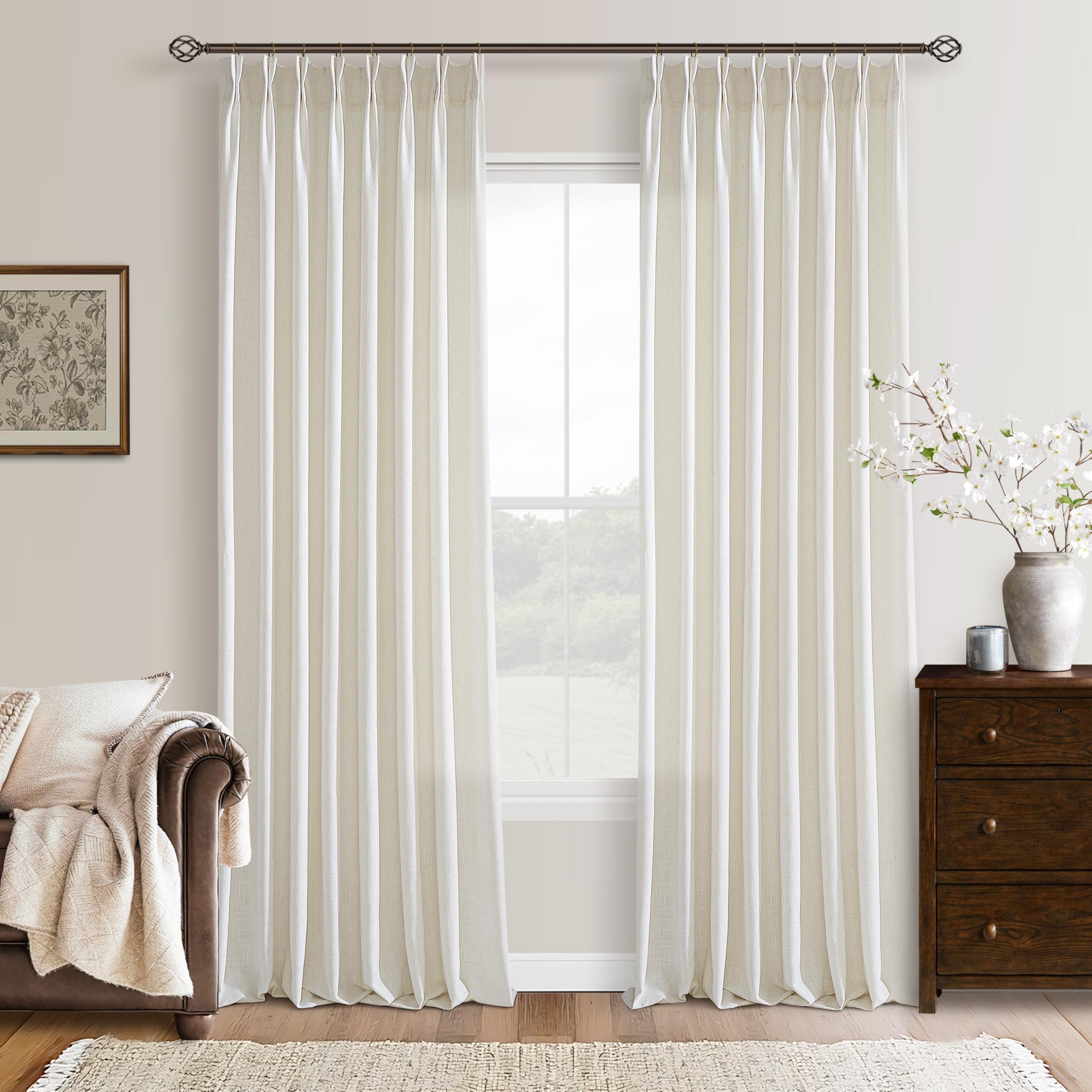Photo 1 of 126 Inch Long Pinch Pleat Linen Curtains for Living Room 2 Panels Set Natural Cream Boho Semi Sheer Light Filtering Neutral 126 Inch Pleated Curtain with Rings Hooks Floor Ceiling Bedroom Window
