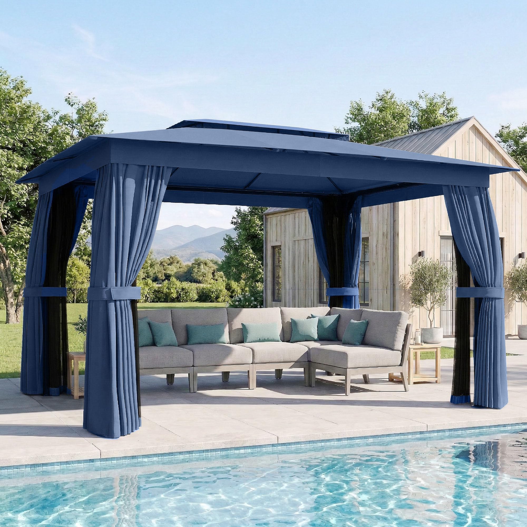 10' x 12' Outdoor Patio Gazebo with Double Roof, Blue | Heavy Duty Gazebo Canopy Shelter, Curtains, Netting, Steel Frame, UPF30+ Protection, Ceiling Hooks, Lawn Backyard Deck