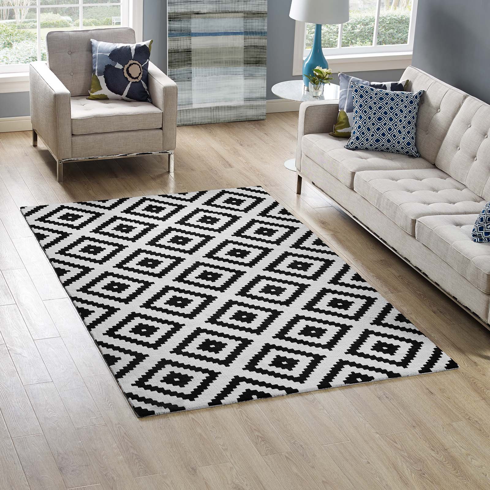 Modway R-1004A-58 Alika Abstrrtt Diamond Trellis Area Rug 5X8 Black and White