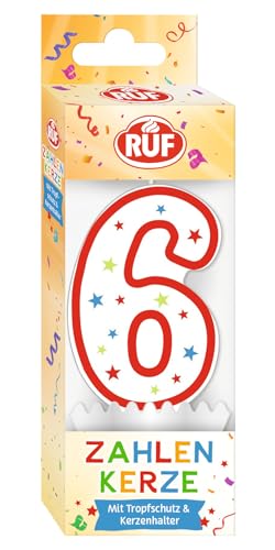 RUF - Vela número 6 con número 6, color rojo con estrellas de colores, vela de aniversario de alta calidad con protección antigoteo, ideal para decoración de tartas, 1 unidad