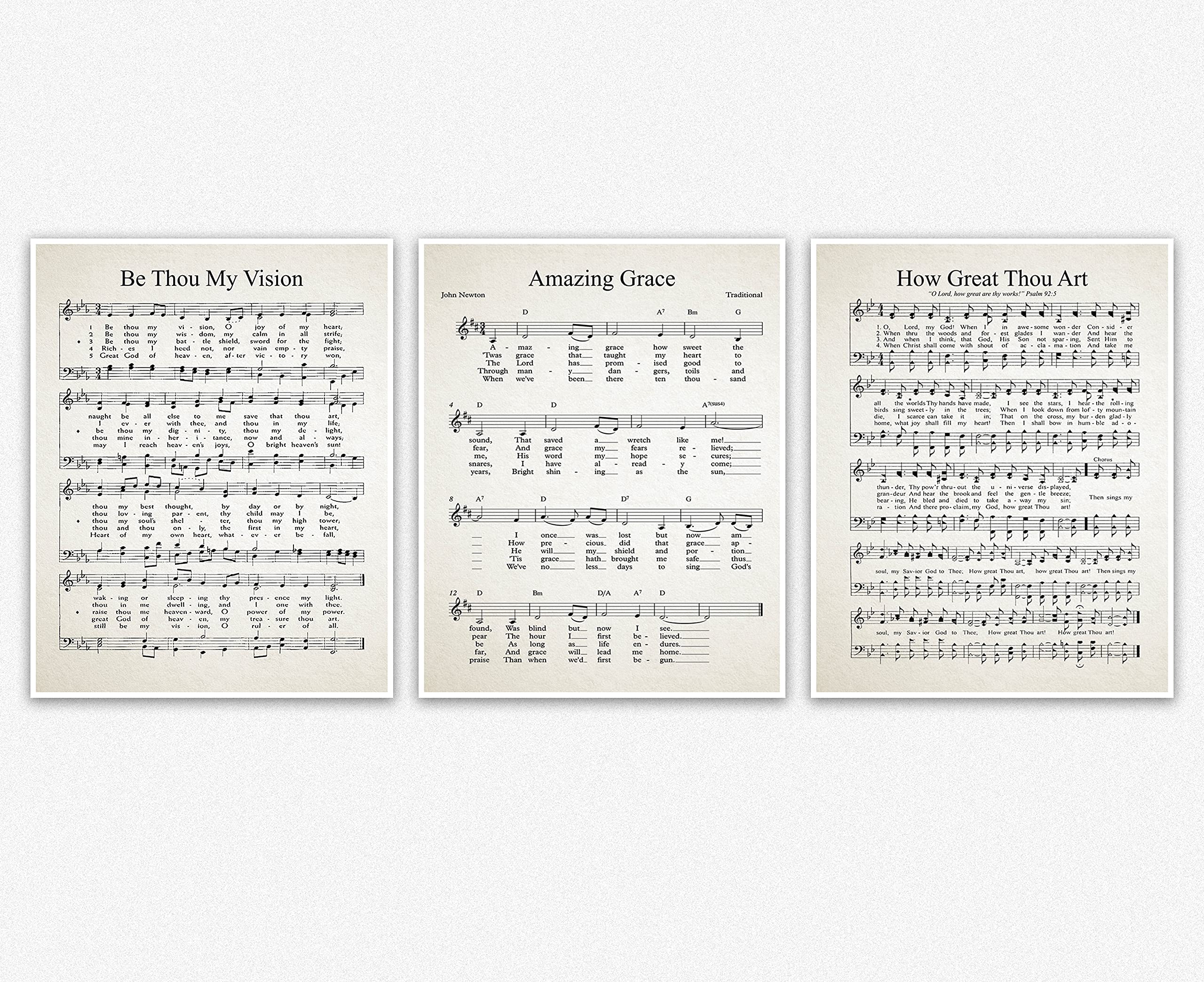 Set of 3 Hymn Sheets - Amazing Grace, Be Thou My Vision, How Great Thou Art (Unframed) (8 x 10)