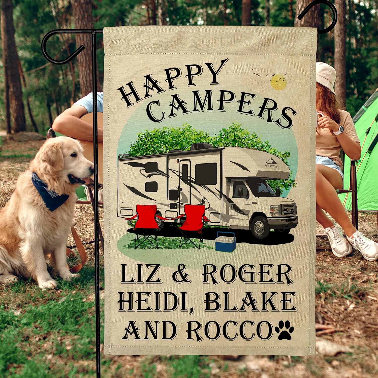 Personalized Happy Campers Camping Themed Flag with White (Uncolored) Class C Motorhome, 3 Additional Lines of Custom Text, Printed on Tan Fabric