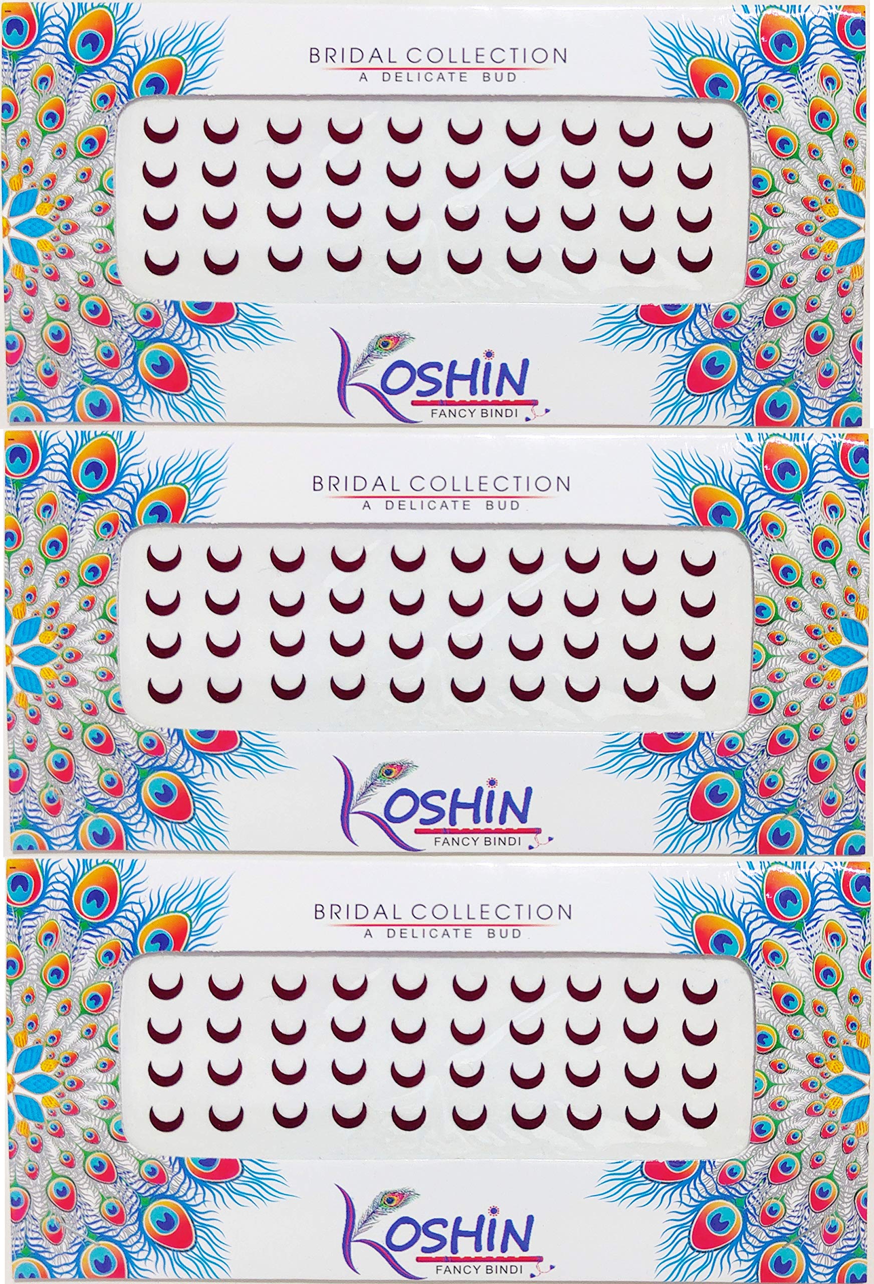 koshin maroon color half moon shape medium size (per bindi height 6 mm x width 7 mm) forehead bindi for girls women ladies - maroon chand bindi pack 3