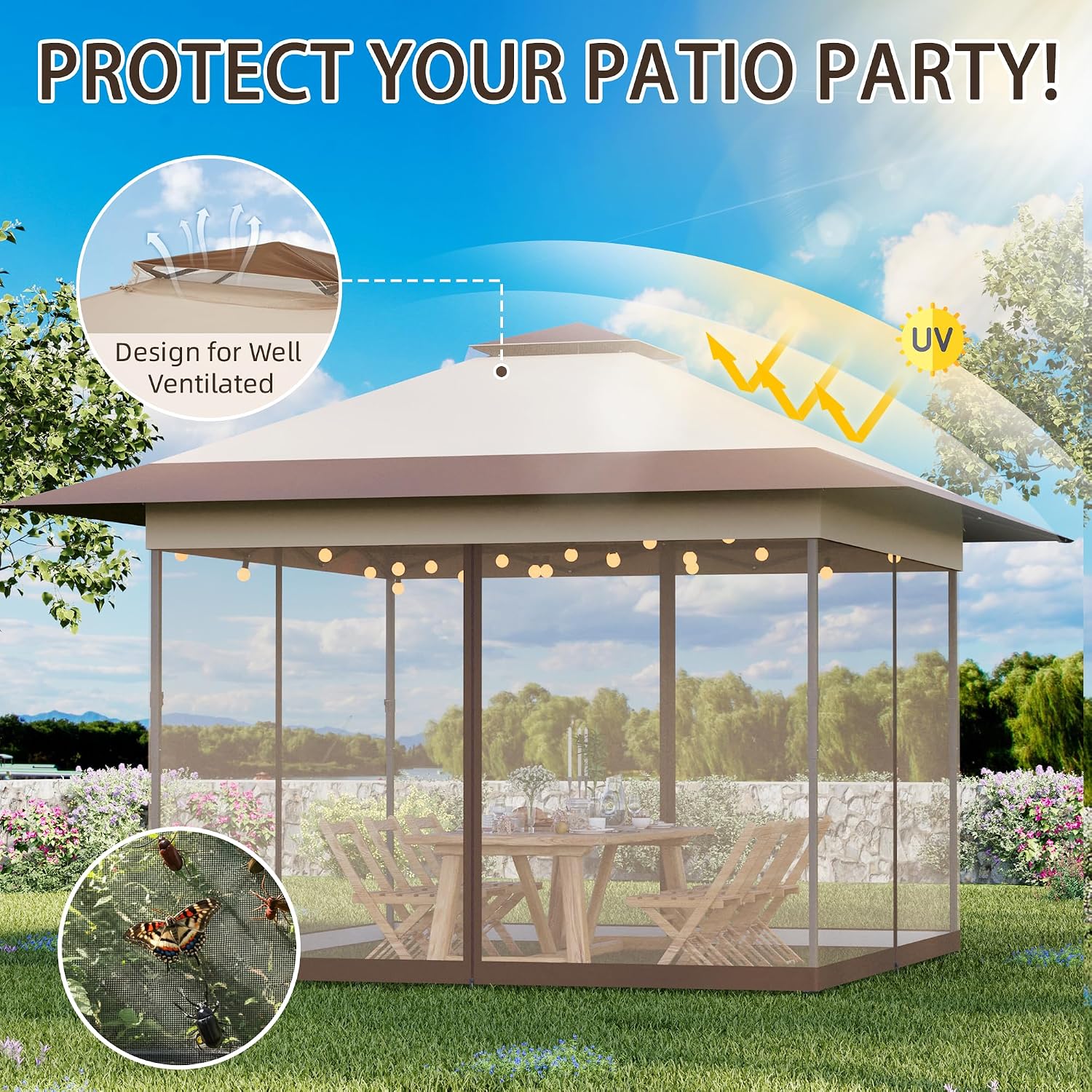 Bezseller 13x13 Pop Up Gazebo with Mosquito Netting – Easy 1-Person Setup, Water-Resistant Backyard Canopy for Family Patio & Garden Use,Khaki