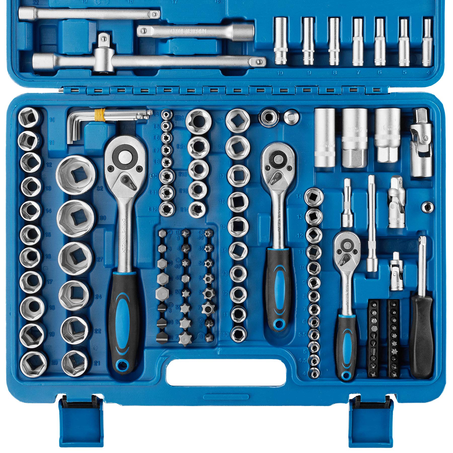 tectake® Set di Chiavi a Cricchetto, Set Utensili, Chiave a Cricchetto x 171 Pezzi, Attrezzi da Lavoro e Attrezzi Officina in Acciaio, Valigetta in Metallo, Attacco misto 1/4", 3/8" e 1/2" - Blu