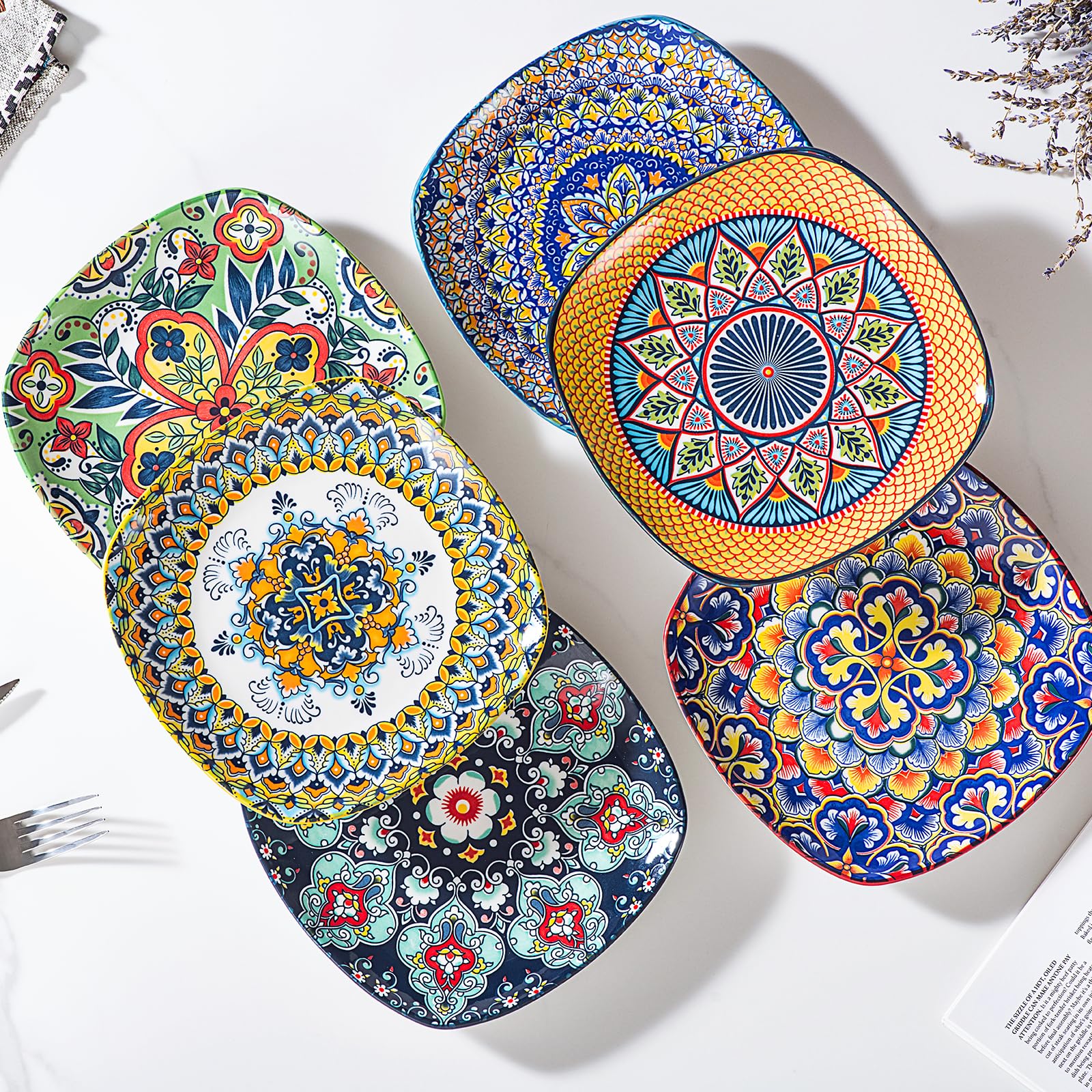 HENXFEN LEAD Dessertteller & Vorspeisenteller Porzellan, 18cm Quadratischer Salatteller 6er Set, Bunte Teller Set für Vorspeisen, Salat und Desserts - Bohemian Style