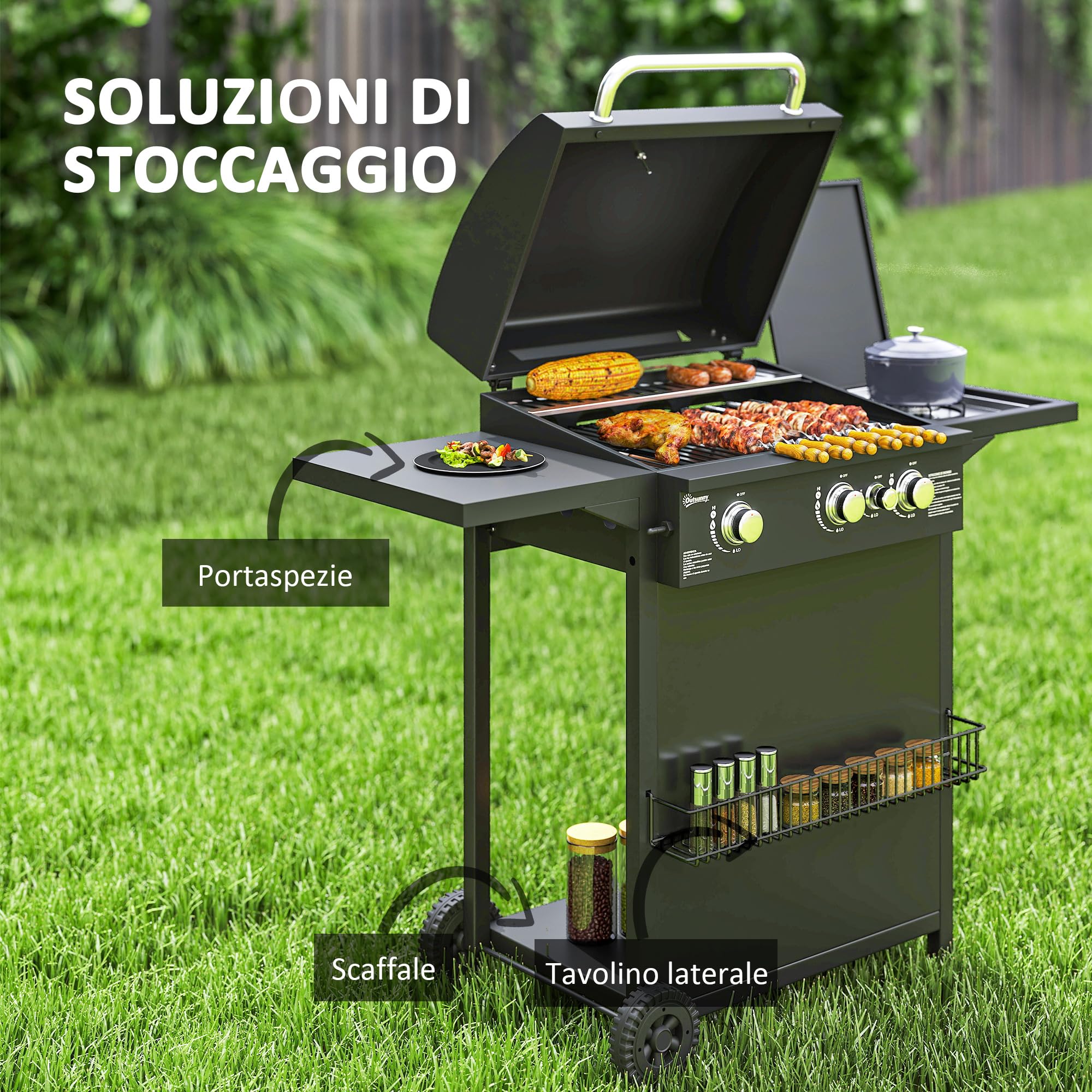 Outsunny Barbecue a Gas in Acciaio 3+1 Bruciatori, Coperchio, Termometro, Ruote, Nero