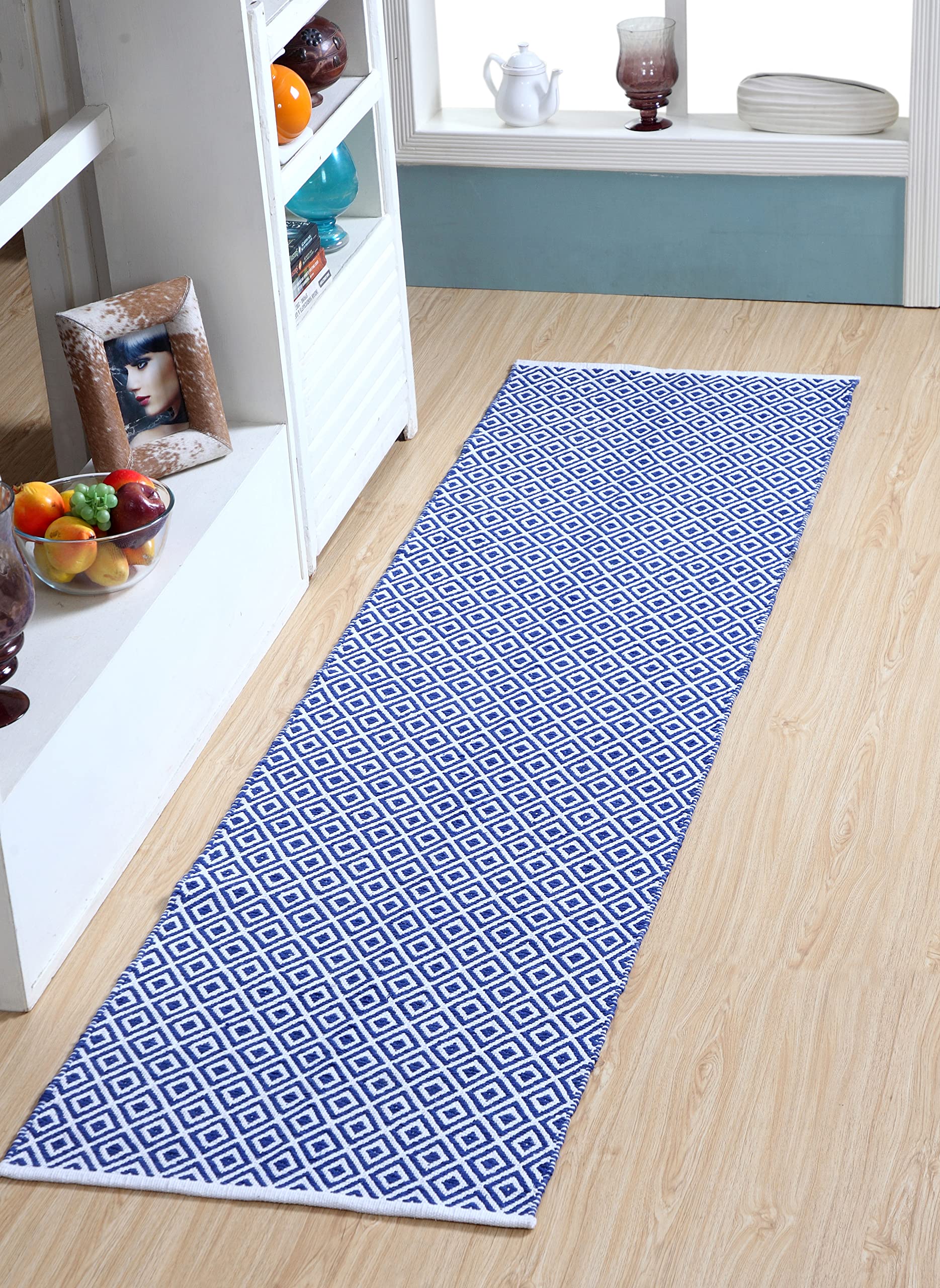 Tappeto in cotone intrecciato a mano stile runner (blu, 60 x 240 cm)