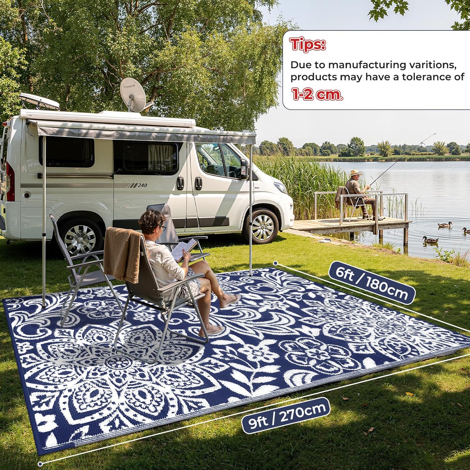 Findosom Waterproof Outdoor Rug 6' x 9' - Reversible Mandala Outdoor Plastic Straw Rug, Durable Foldable Patio Rug for RV, Deck, Balcony, Backyard, Picnic, Porch, Camping, Beach, Navy
