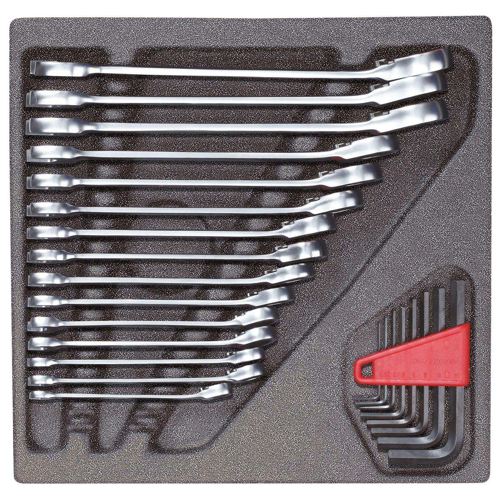 Gedore Red Chrome,Red Combination Ratchet Spanner And Angle Screwdriver Set In 2/3 Foam Module, 24 Pieces