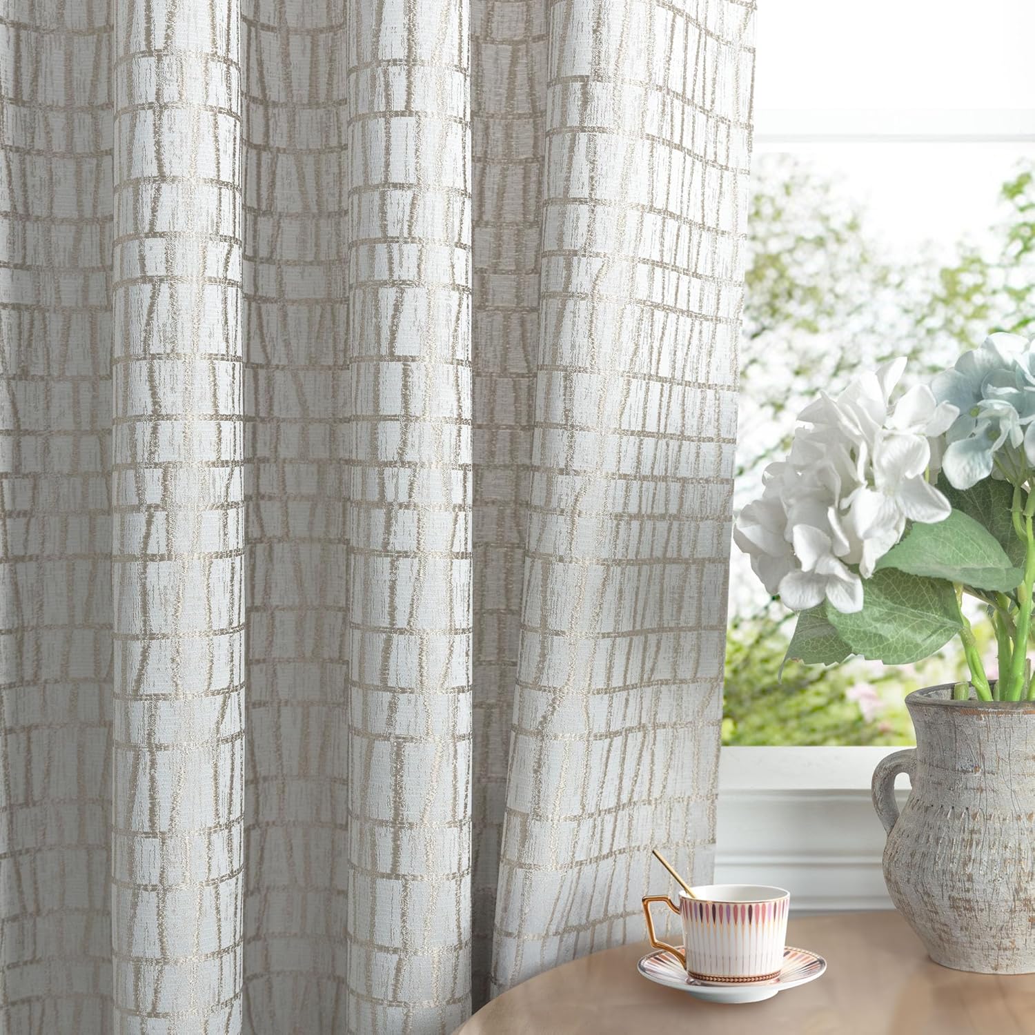 Taupe Geometric Curtains 84 Inches Long for Living Room 2 Panels Grommet 50% Blackout Window Striped Pattern Design Silk Textured Neutral Contemporary Curtains for Bedroom Greyish Beige White 52x84