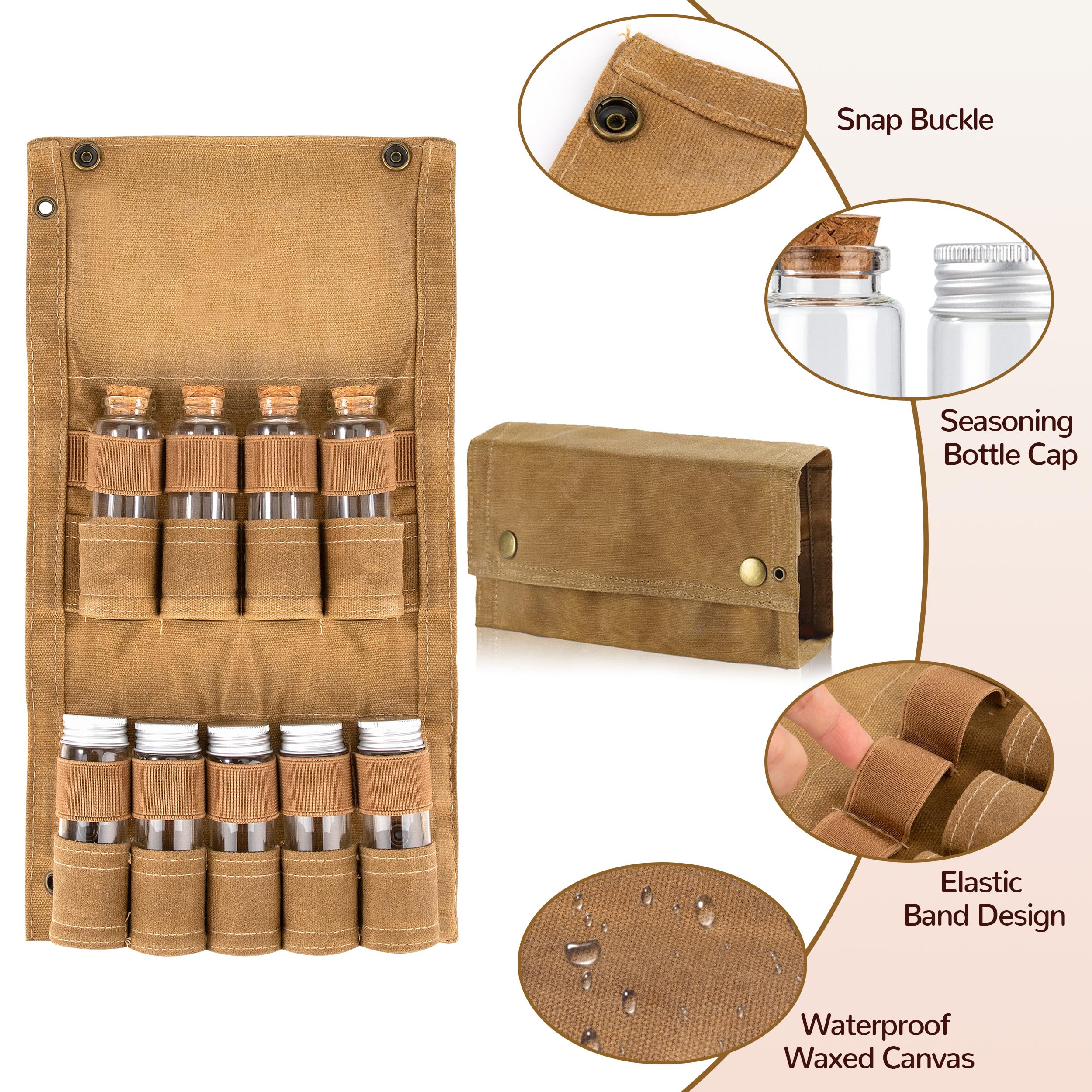 Camping-Gewürz-Set mit 9 Gewürzgläsern Tragbare Gewürztasche aus Segeltuch Gewürz Aufbewahrungstasche Gewürzbehälter-Set für Outdoor Picknick Grillen Khaki