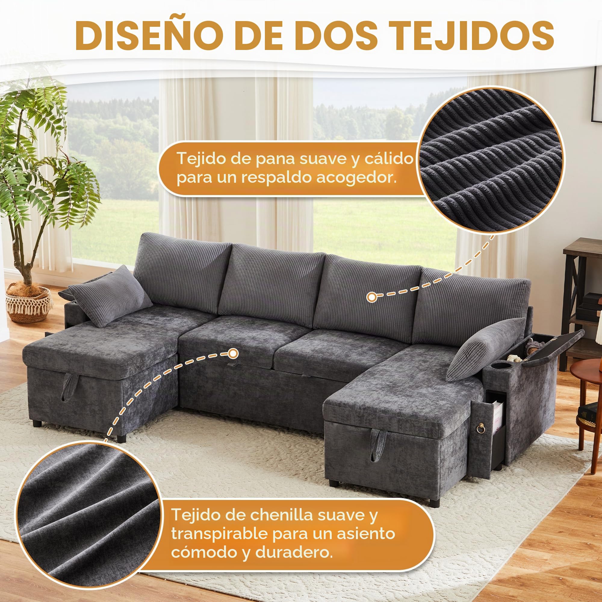 Kebnor Sofá cama de cuatro plazas en forma de U con soporte para bebidas, sofá de esquina con espacio de almacenamiento y función de descanso. Incluye soporte para bebidas y almohadas. Sofá